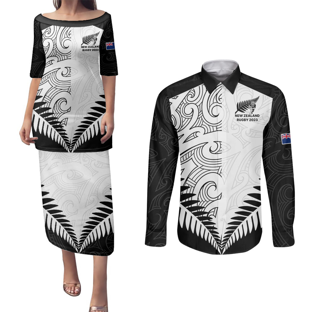 New Zealand Rugby Couples Matching Puletasi Dress and Long Sleeve Button Shirts Proud Aoteroa Stylised Maori Koru LT9 - Wonder Print Shop