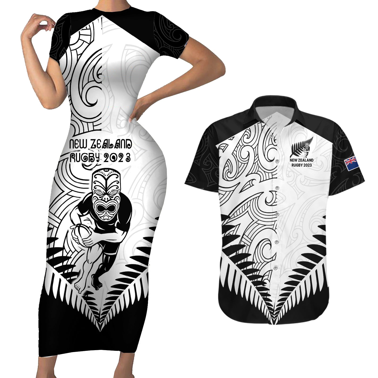 New Zealand Rugby Couples Matching Short Sleeve Bodycon Dress and Hawaiian Shirt Proud Aoteroa Stylised Maori Koru LT9 - Wonder Print Shop