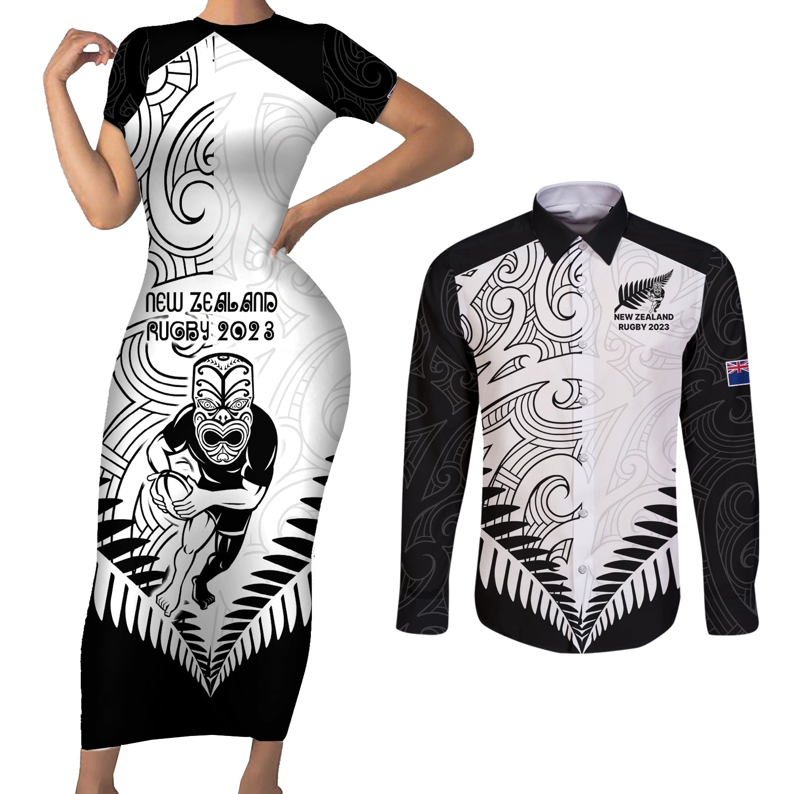 New Zealand Rugby Couples Matching Short Sleeve Bodycon Dress and Long Sleeve Button Shirts Proud Aoteroa Stylised Maori Koru LT9 - Wonder Print Shop