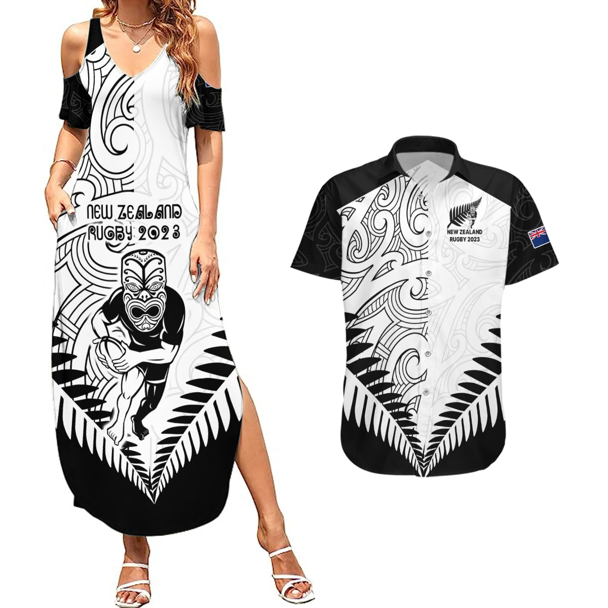 New Zealand Rugby Couples Matching Summer Maxi Dress and Hawaiian Shirt Proud Aoteroa Stylised Maori Koru LT9 - Wonder Print Shop