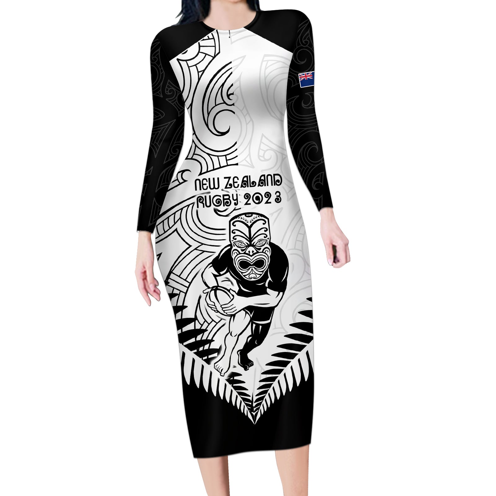 New Zealand Rugby Long Sleeve Bodycon Dress Proud Aoteroa Stylised Maori Koru - Wonder Print Shop