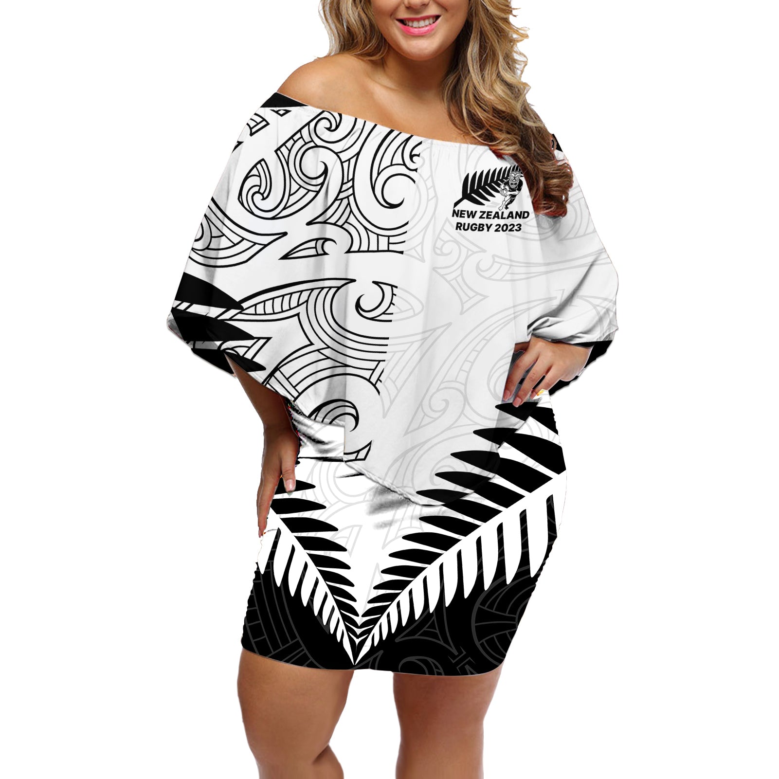 New Zealand Rugby Off Shoulder Short Dress Proud Aoteroa Stylised Maori Koru - Wonder Print Shop