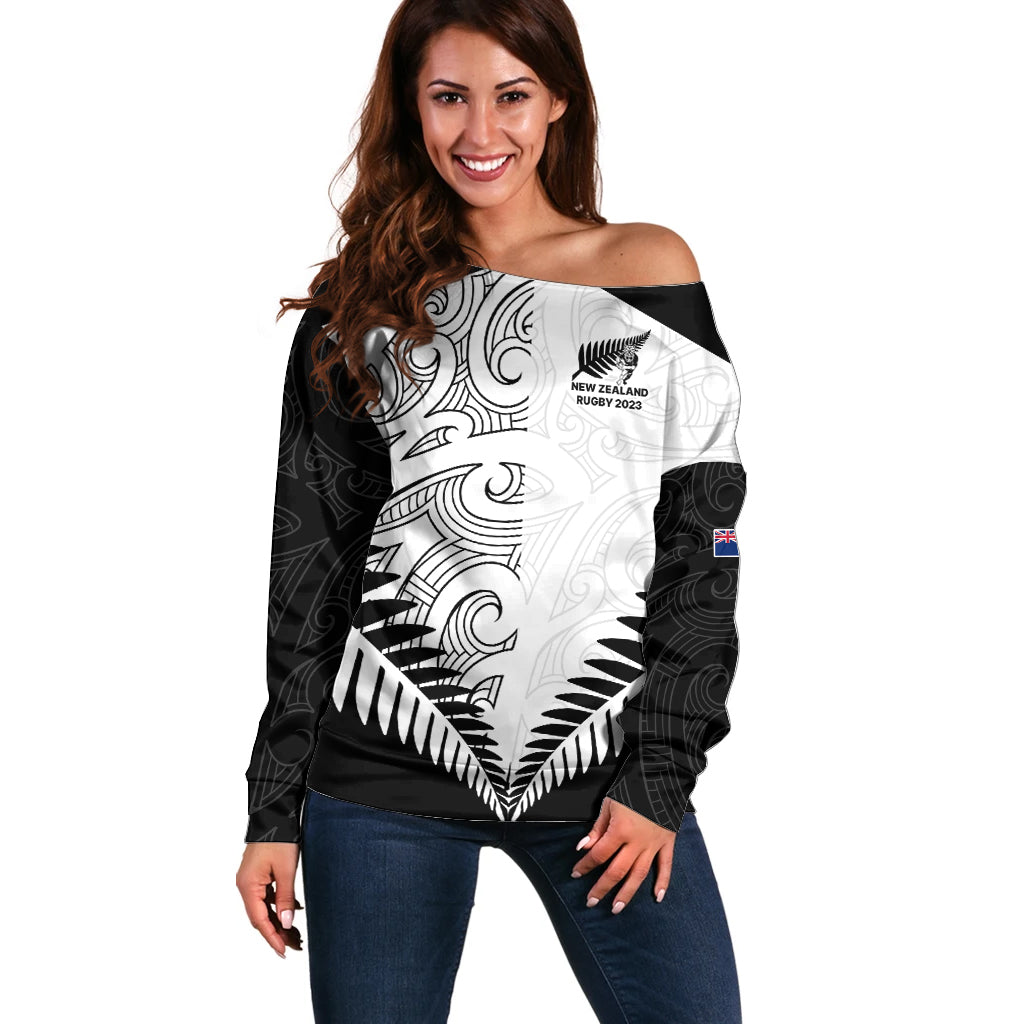 New Zealand Rugby Off Shoulder Sweater Proud Aoteroa Stylised Maori Koru - Wonder Print Shop