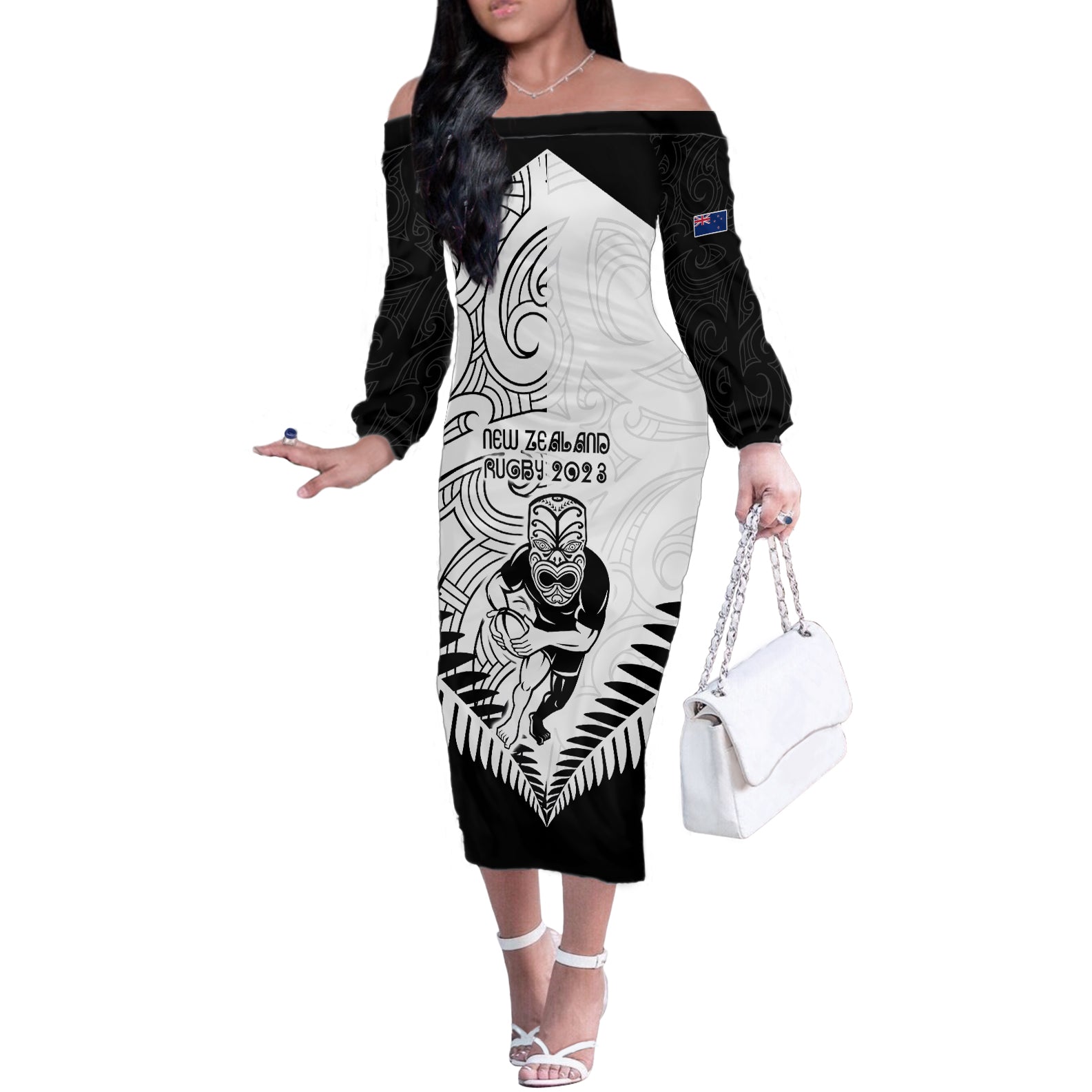 New Zealand Rugby Off The Shoulder Long Sleeve Dress Proud Aoteroa Stylised Maori Koru - Wonder Print Shop