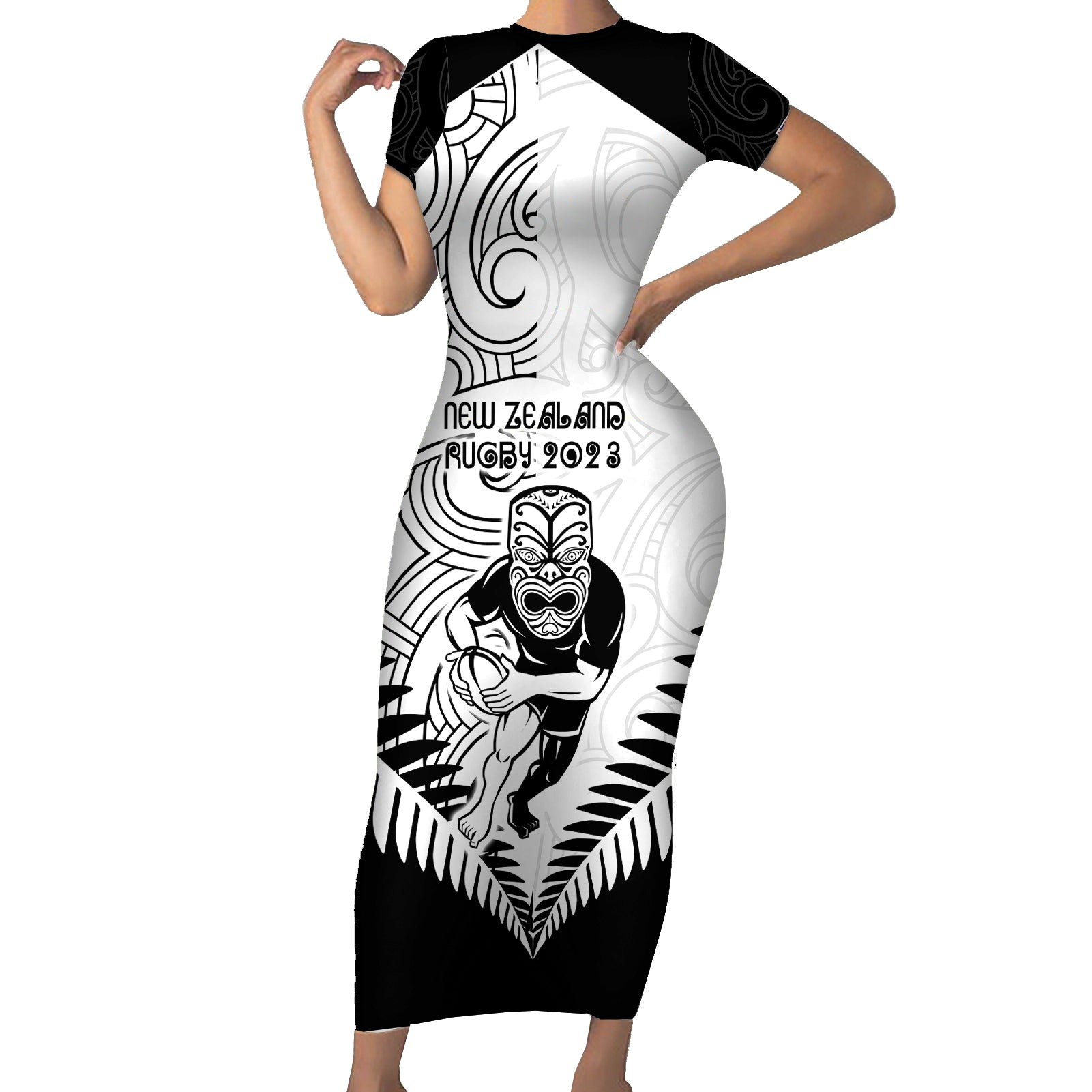 New Zealand Rugby Short Sleeve Bodycon Dress Proud Aoteroa Stylised Maori Koru - Wonder Print Shop