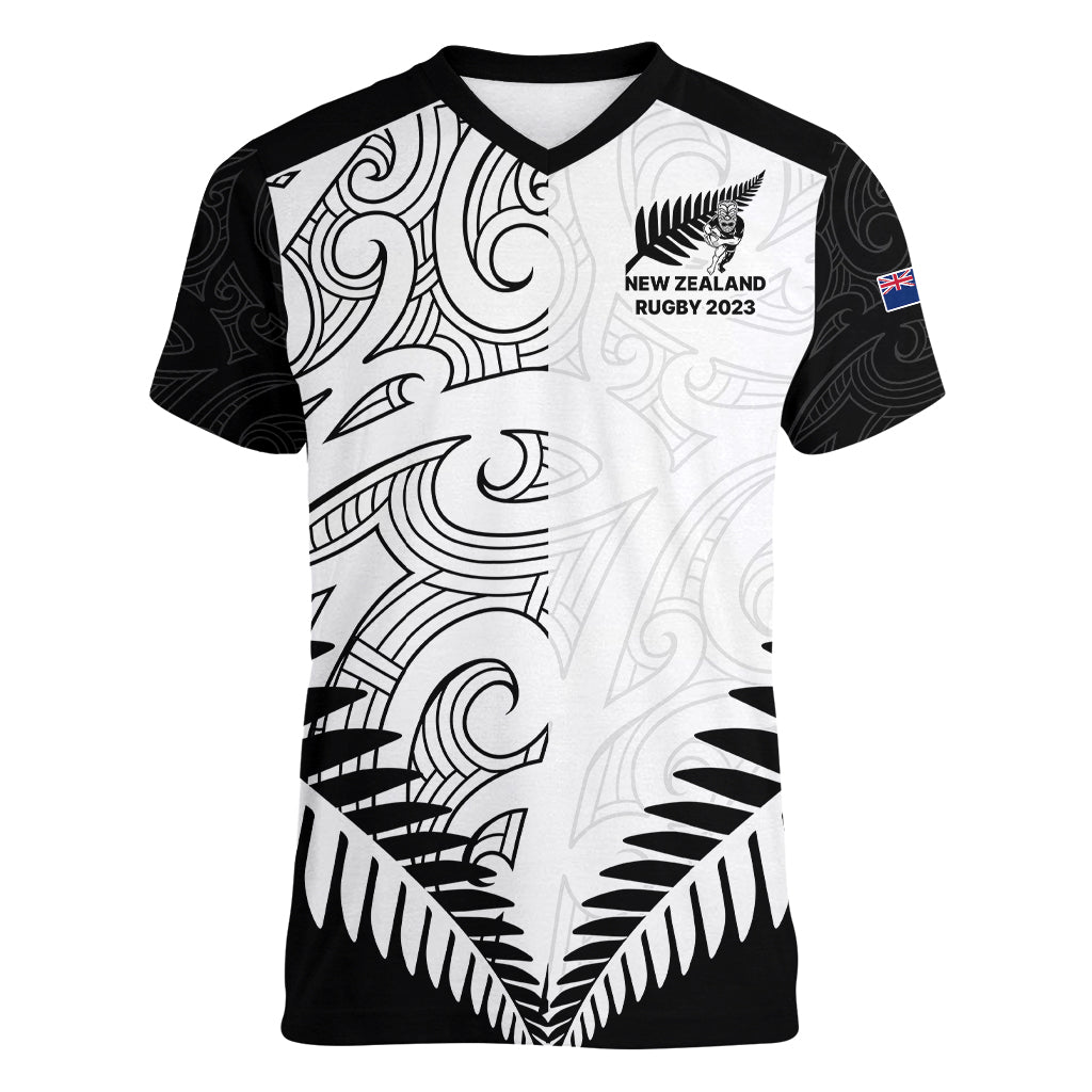 New Zealand Rugby Women V Neck T Shirt Proud Aoteroa Stylised Maori Koru - Wonder Print Shop