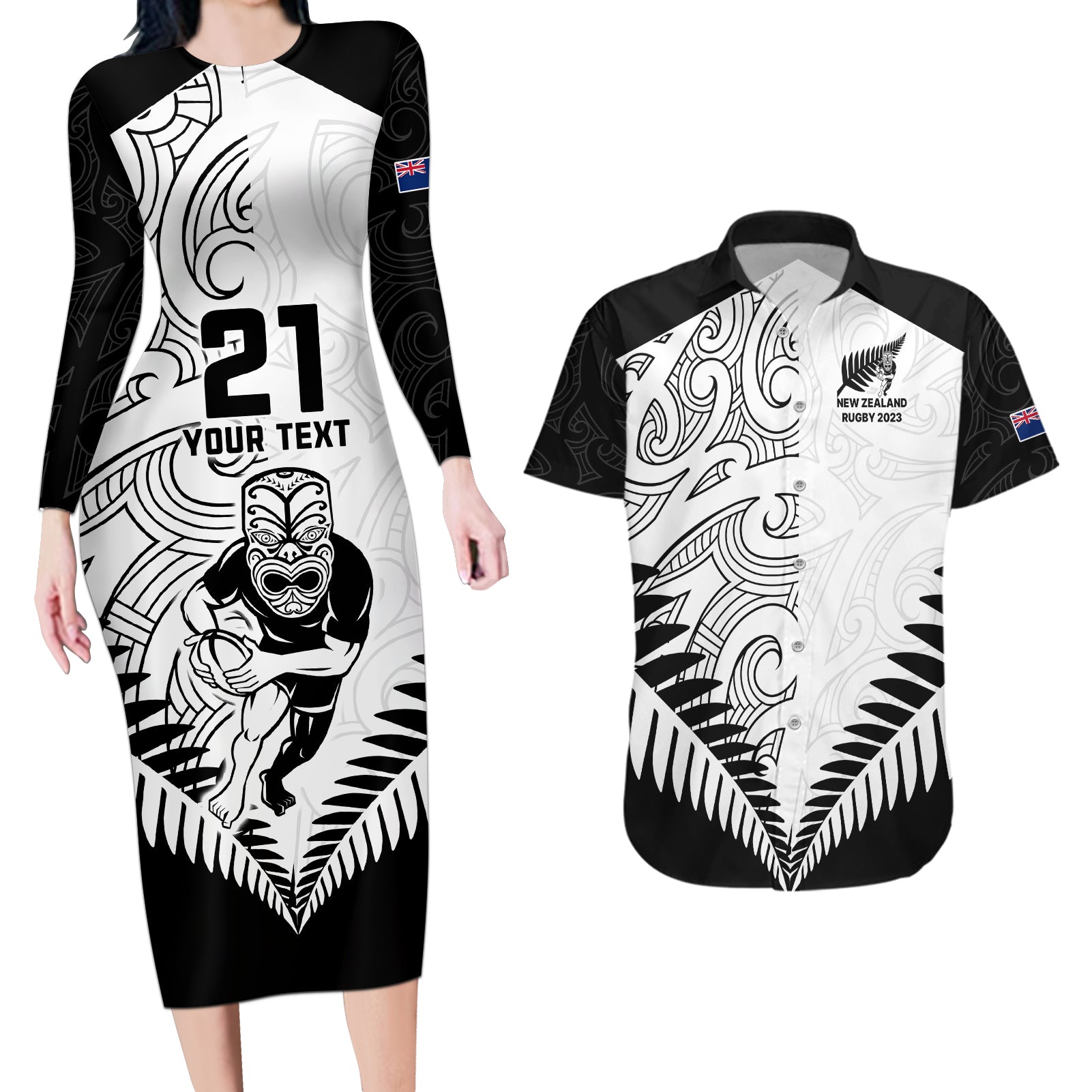 Custom New Zealand Rugby Couples Matching Long Sleeve Bodycon Dress and Hawaiian Shirt Proud Aoteroa Stylised Maori Koru LT9 - Wonder Print Shop