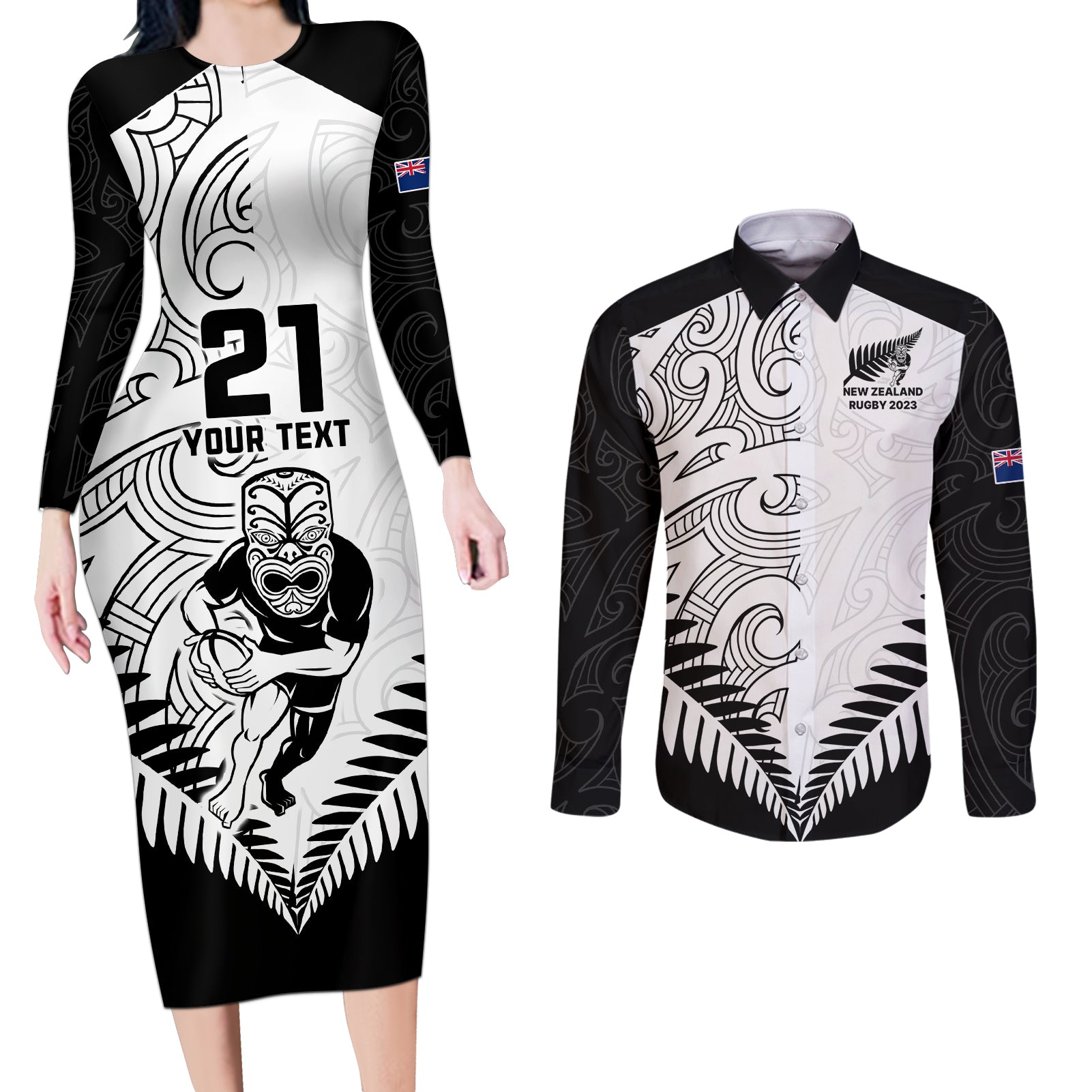 Custom New Zealand Rugby Couples Matching Long Sleeve Bodycon Dress and Long Sleeve Button Shirts Proud Aoteroa Stylised Maori Koru LT9 - Wonder Print Shop