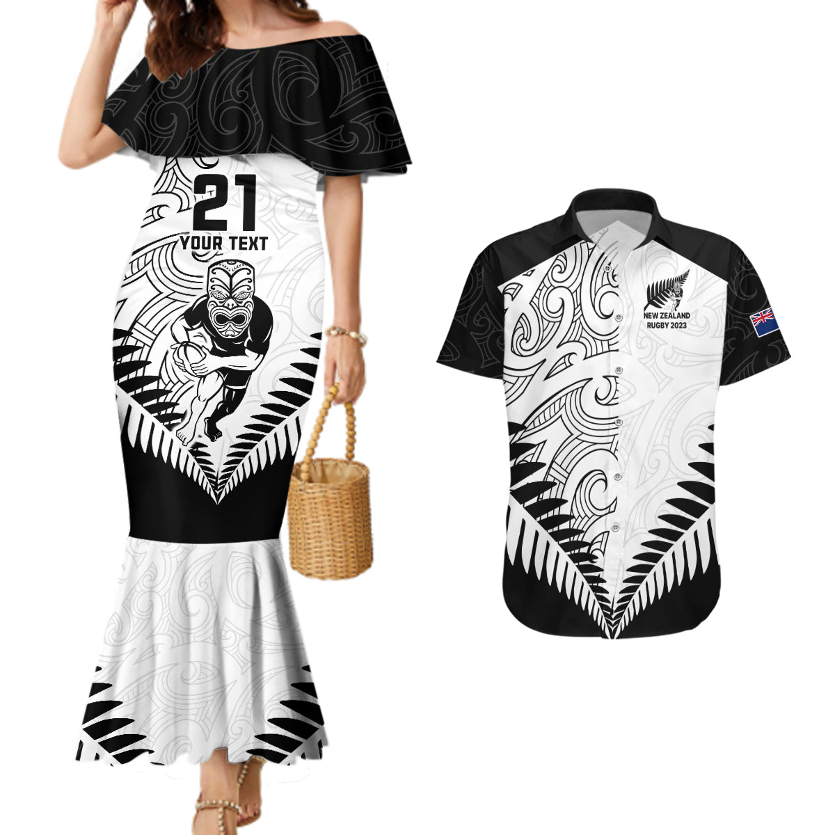 Custom New Zealand Rugby Couples Matching Mermaid Dress and Hawaiian Shirt Proud Aoteroa Stylised Maori Koru LT9 - Wonder Print Shop