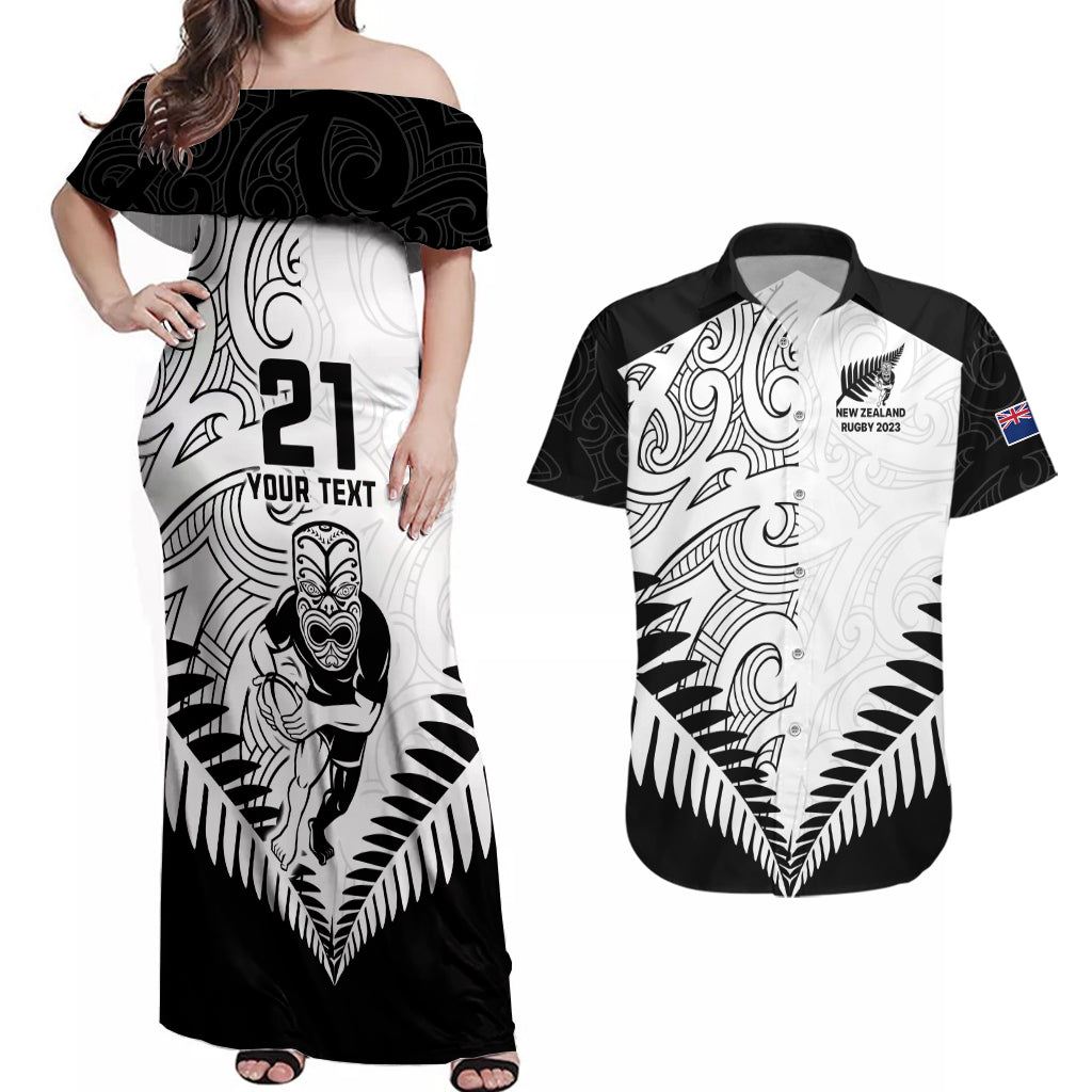 Custom New Zealand Rugby Couples Matching Off Shoulder Maxi Dress and Hawaiian Shirt Proud Aoteroa Stylised Maori Koru LT9 - Wonder Print Shop