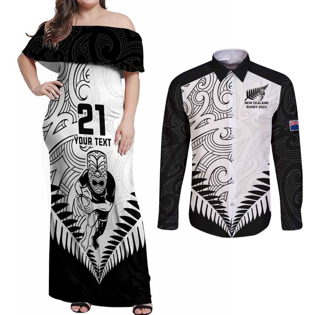 Custom New Zealand Rugby Couples Matching Off Shoulder Maxi Dress and Long Sleeve Button Shirts Proud Aoteroa Stylised Maori Koru LT9 - Wonder Print Shop