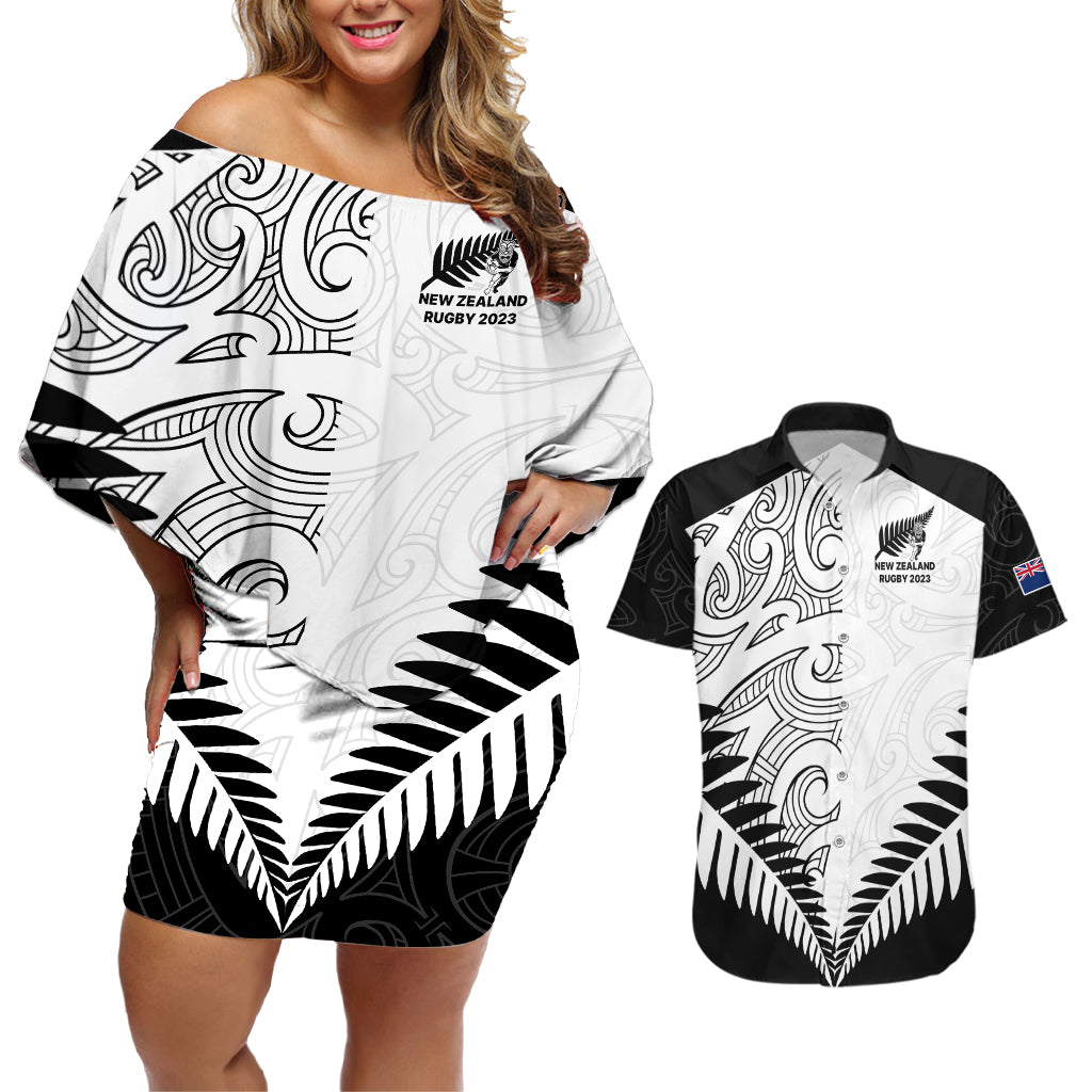 Custom New Zealand Rugby Couples Matching Off Shoulder Short Dress and Hawaiian Shirt Proud Aoteroa Stylised Maori Koru LT9 - Wonder Print Shop