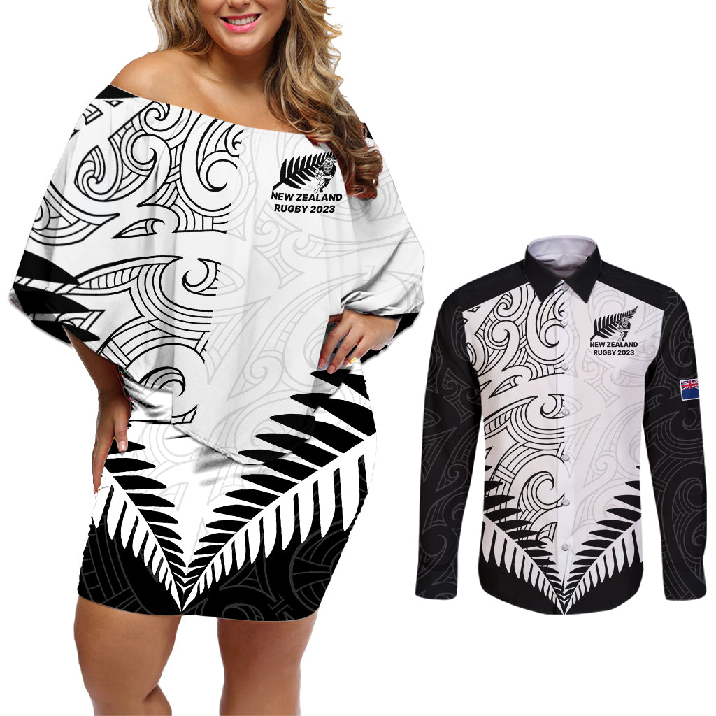 Custom New Zealand Rugby Couples Matching Off Shoulder Short Dress and Long Sleeve Button Shirts Proud Aoteroa Stylised Maori Koru LT9 - Wonder Print Shop