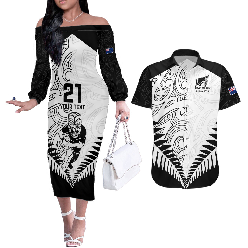 Custom New Zealand Rugby Couples Matching Off The Shoulder Long Sleeve Dress and Hawaiian Shirt Proud Aoteroa Stylised Maori Koru LT9 - Wonder Print Shop