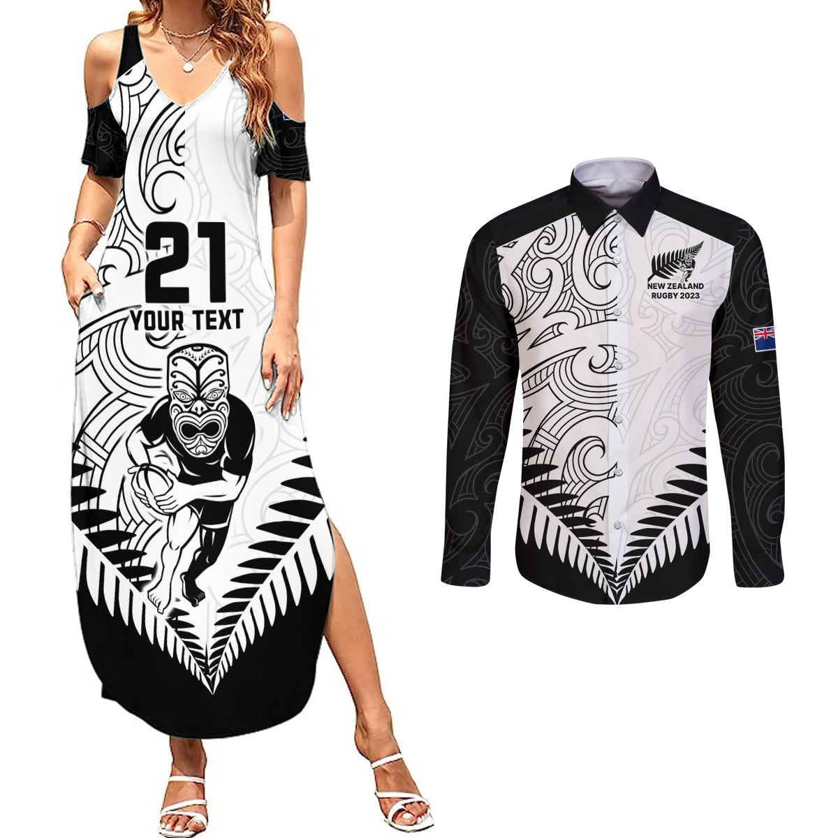 Custom New Zealand Rugby Couples Matching Summer Maxi Dress and Long Sleeve Button Shirts Proud Aoteroa Stylised Maori Koru LT9 - Wonder Print Shop