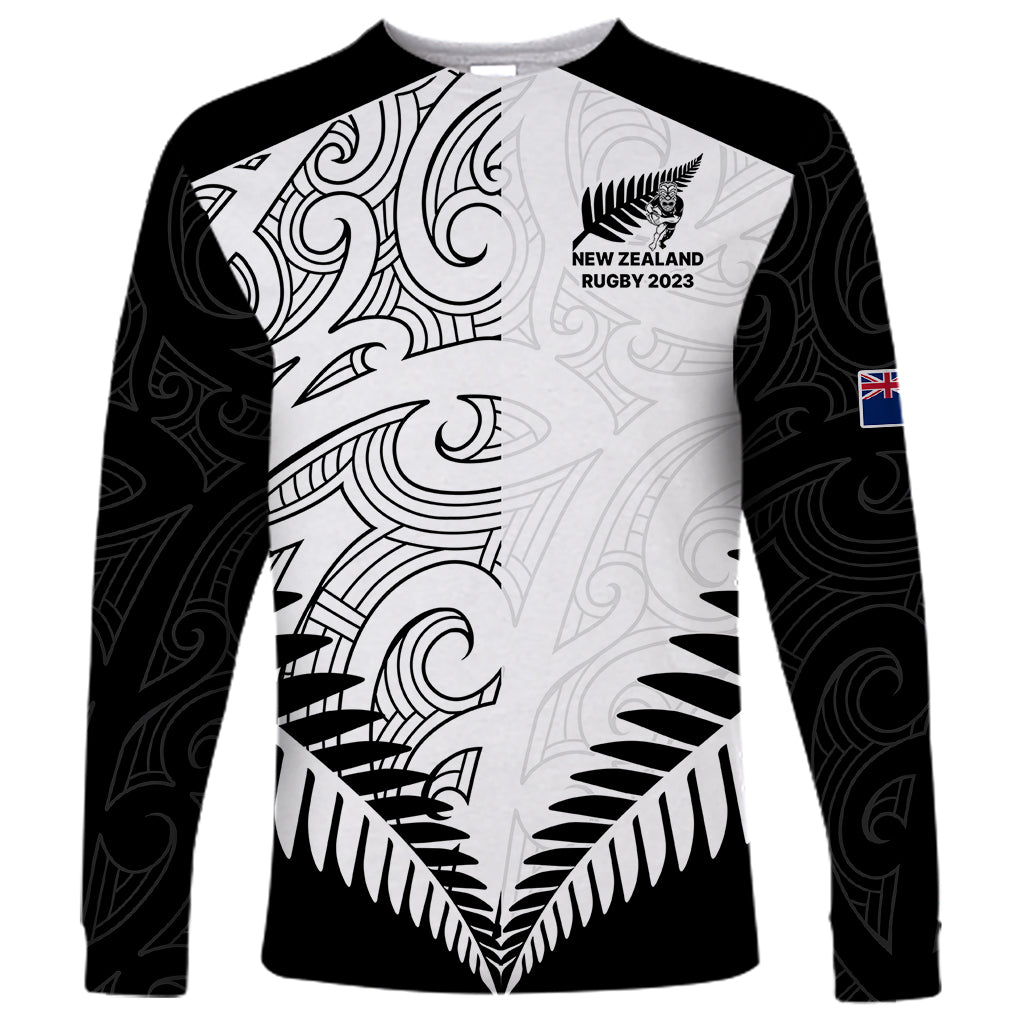 Black long-sleeve rugby shirt, white front panel, New Zealand Rugby 2023 crest