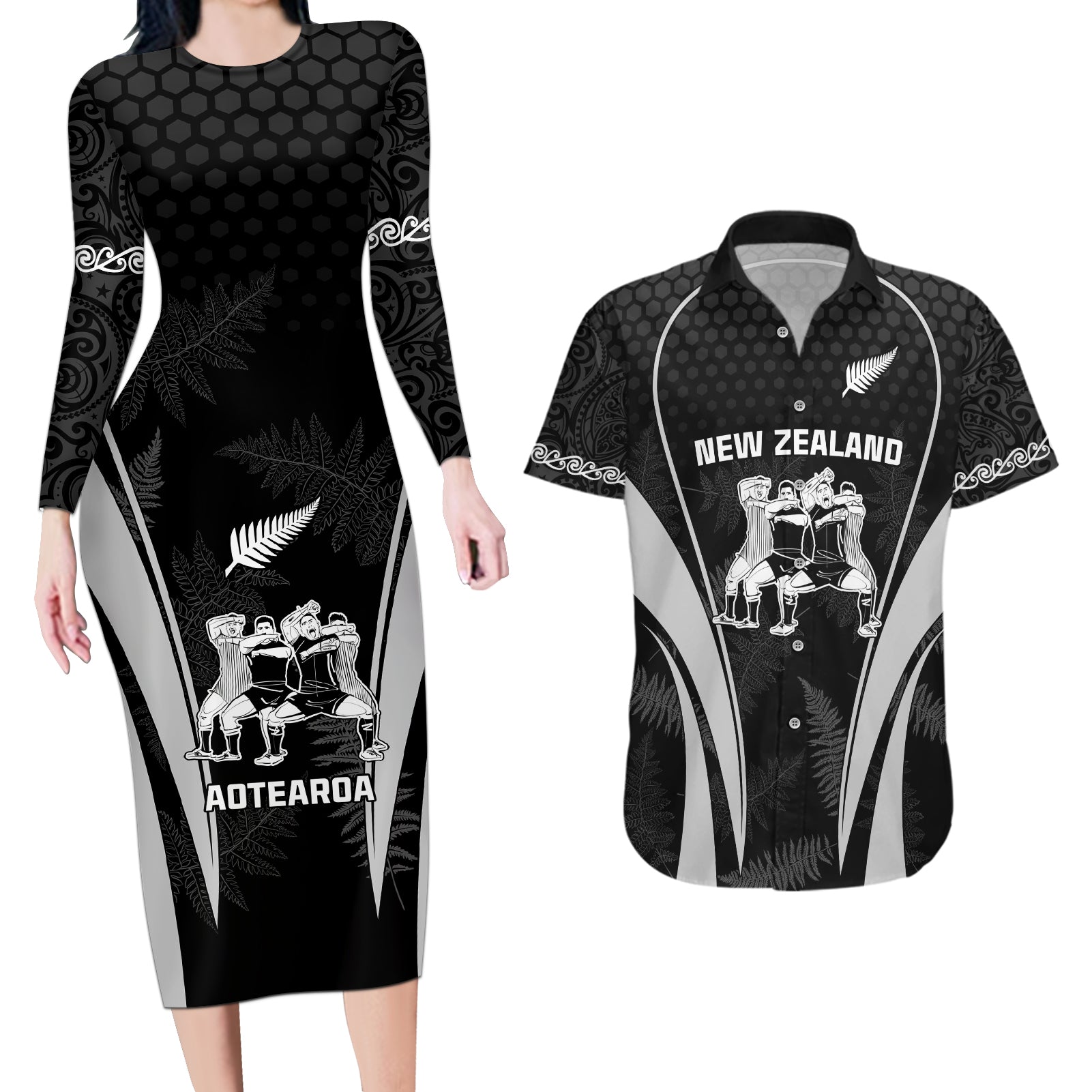 New Zealand Aotearoa Rugby Couples Matching Long Sleeve Bodycon Dress and Hawaiian Shirt Haka Dance Mixed Silver Fern Sporty Style LT9 - Wonder Print Shop