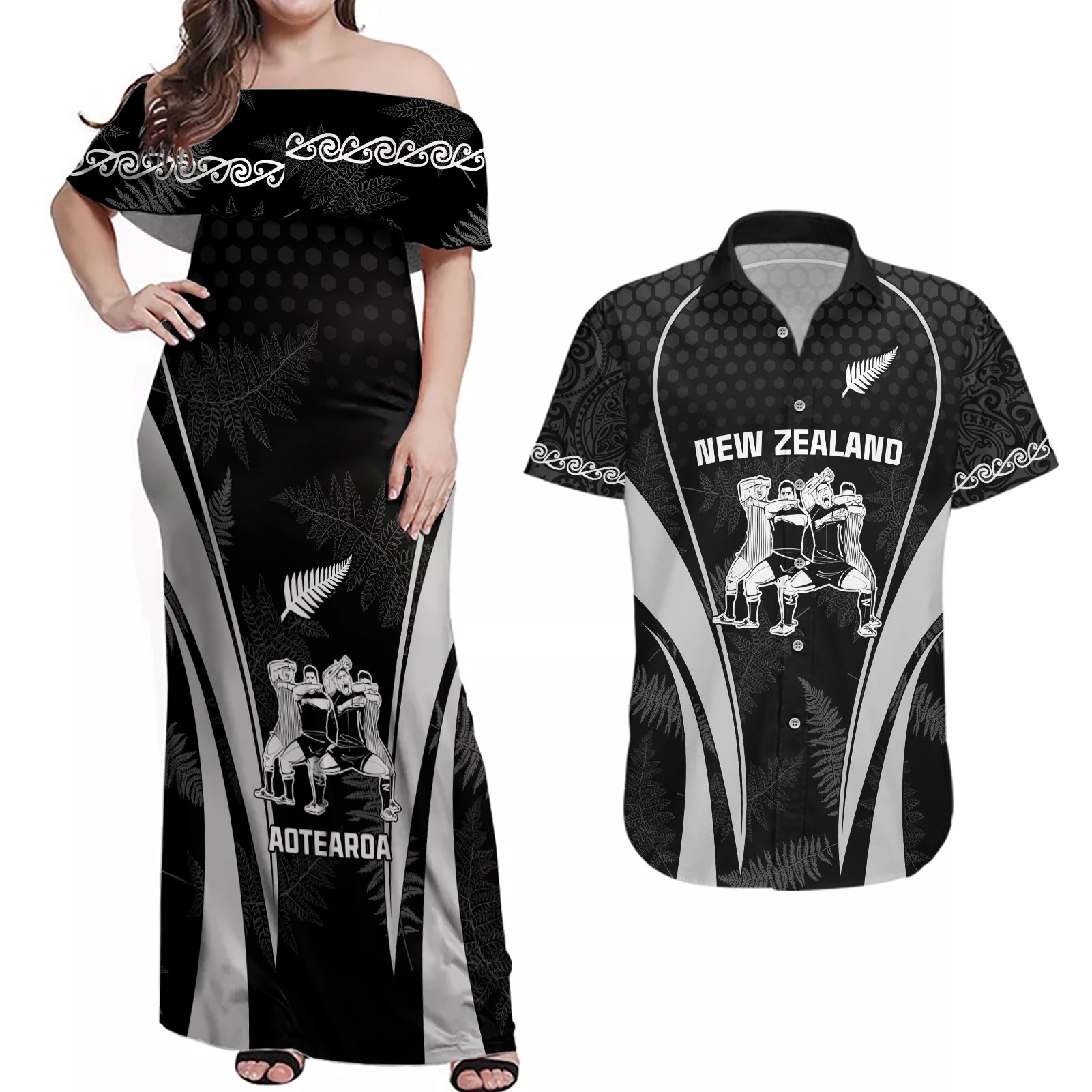 New Zealand Aotearoa Rugby Couples Matching Off Shoulder Maxi Dress and Hawaiian Shirt Haka Dance Mixed Silver Fern Sporty Style LT9 - Wonder Print Shop