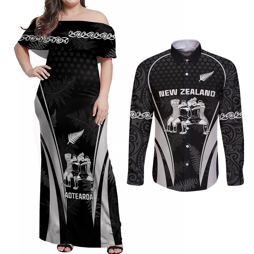 New Zealand Aotearoa Rugby Couples Matching Off Shoulder Maxi Dress and Long Sleeve Button Shirt Haka Dance Mixed Silver Fern Sporty Style LT9 - Wonder Print Shop