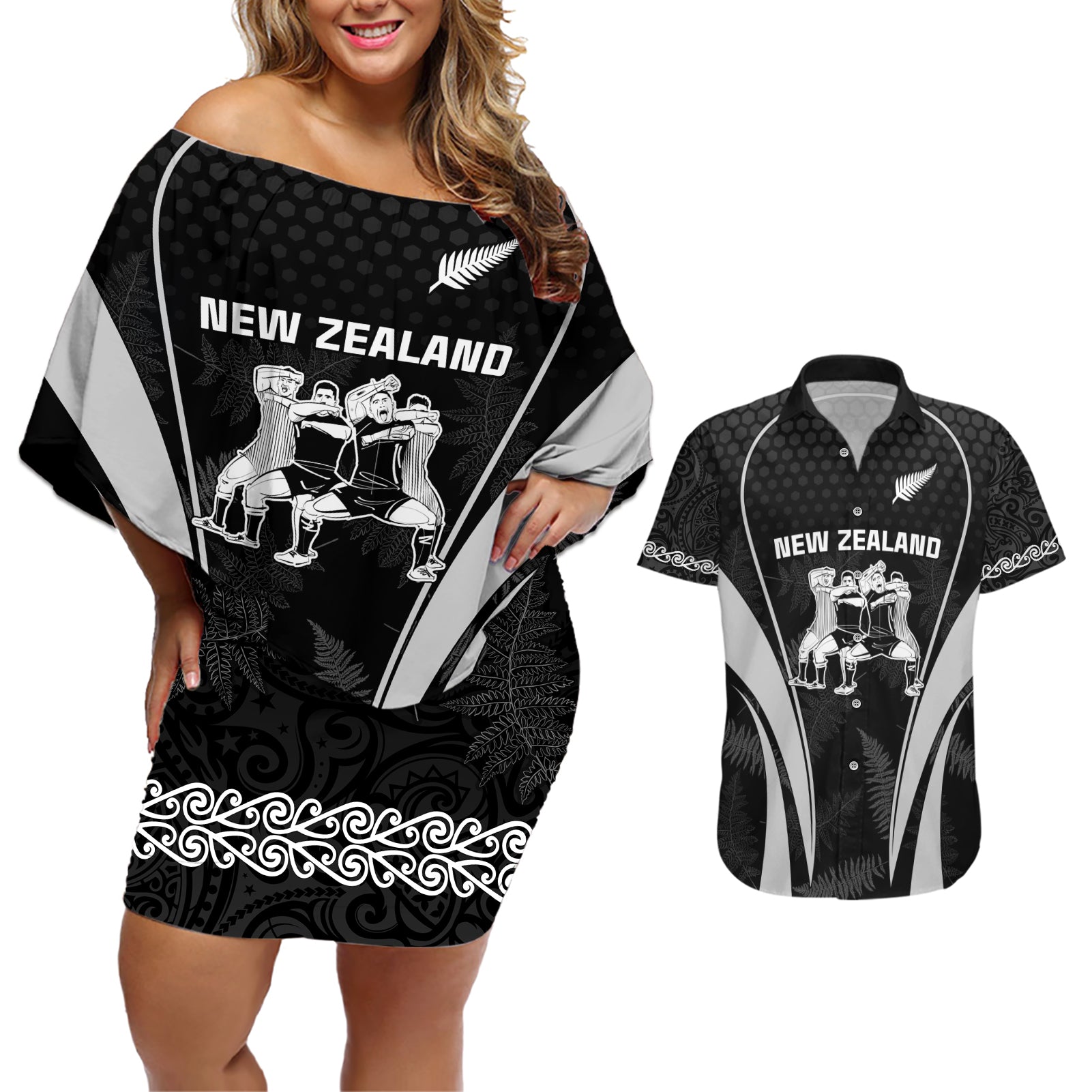 New Zealand Aotearoa Rugby Couples Matching Off Shoulder Short Dress and Hawaiian Shirt Haka Dance Mixed Silver Fern Sporty Style LT9 - Wonder Print Shop