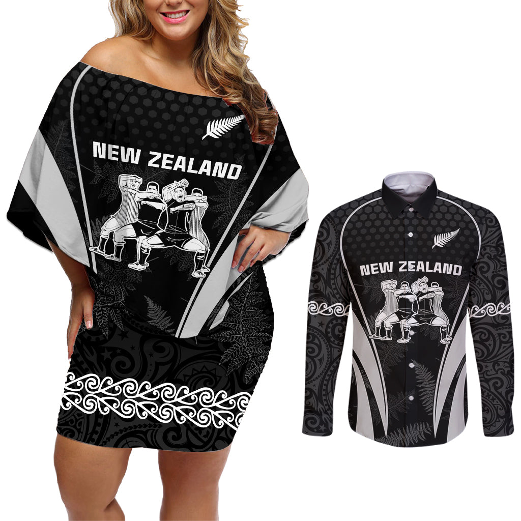 New Zealand Aotearoa Rugby Couples Matching Off Shoulder Short Dress and Long Sleeve Button Shirt Haka Dance Mixed Silver Fern Sporty Style LT9 - Wonder Print Shop