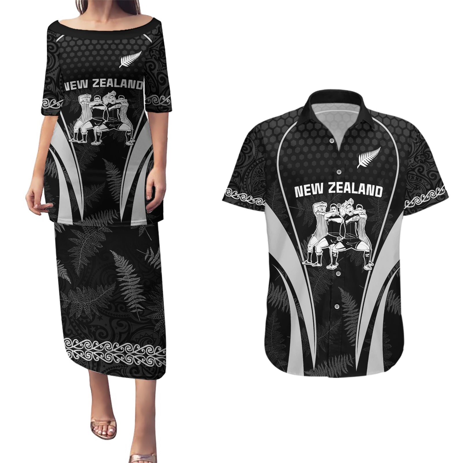 New Zealand Aotearoa Rugby Couples Matching Puletasi Dress and Hawaiian Shirt Haka Dance Mixed Silver Fern Sporty Style LT9 - Wonder Print Shop