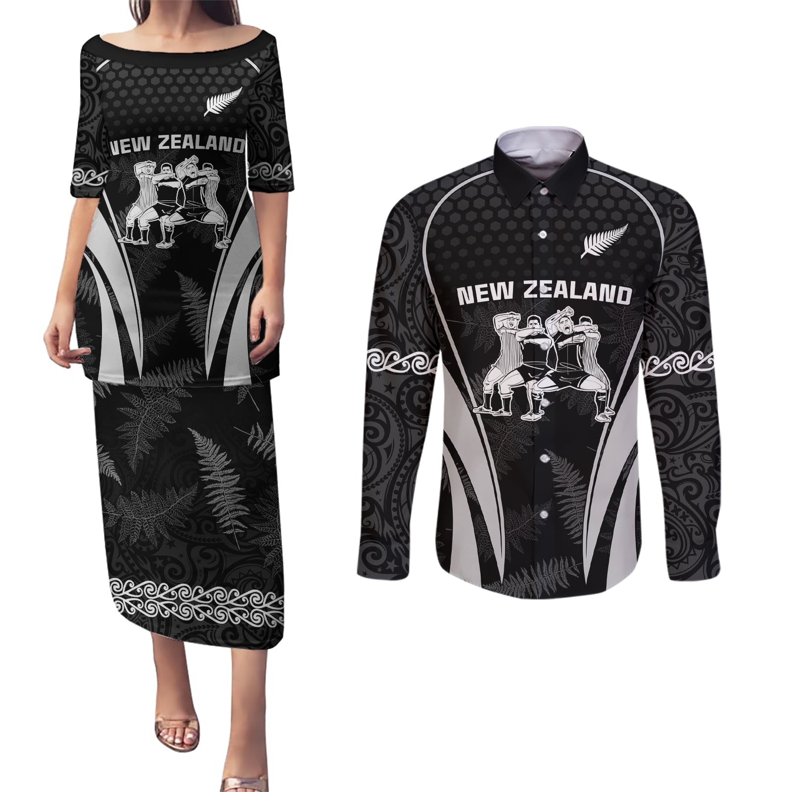 New Zealand Aotearoa Rugby Couples Matching Puletasi Dress and Long Sleeve Button Shirt Haka Dance Mixed Silver Fern Sporty Style LT9 - Wonder Print Shop