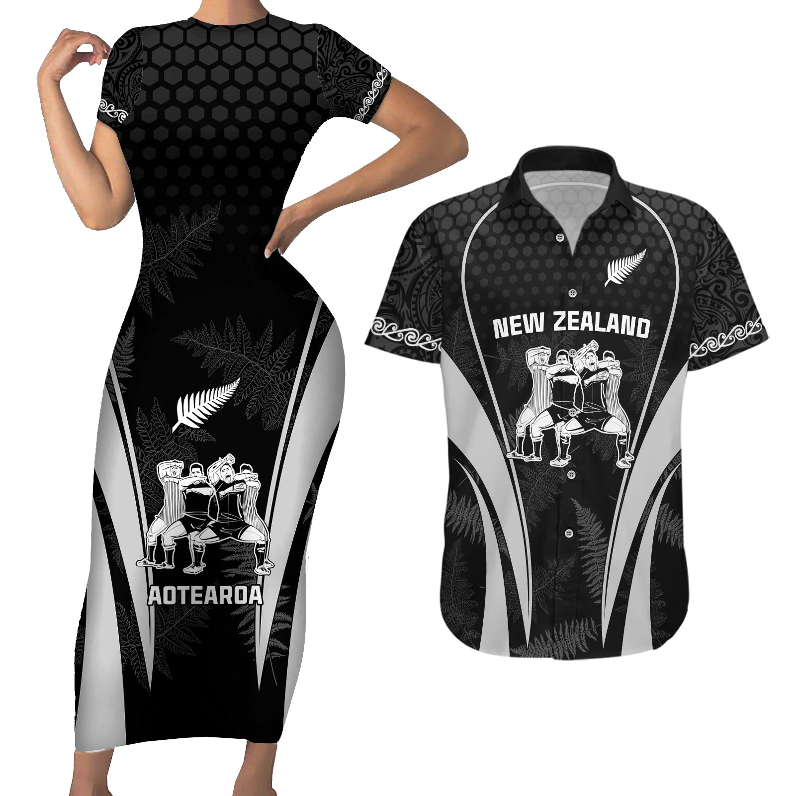 New Zealand Aotearoa Rugby Couples Matching Short Sleeve Bodycon Dress and Hawaiian Shirt Haka Dance Mixed Silver Fern Sporty Style LT9 - Wonder Print Shop