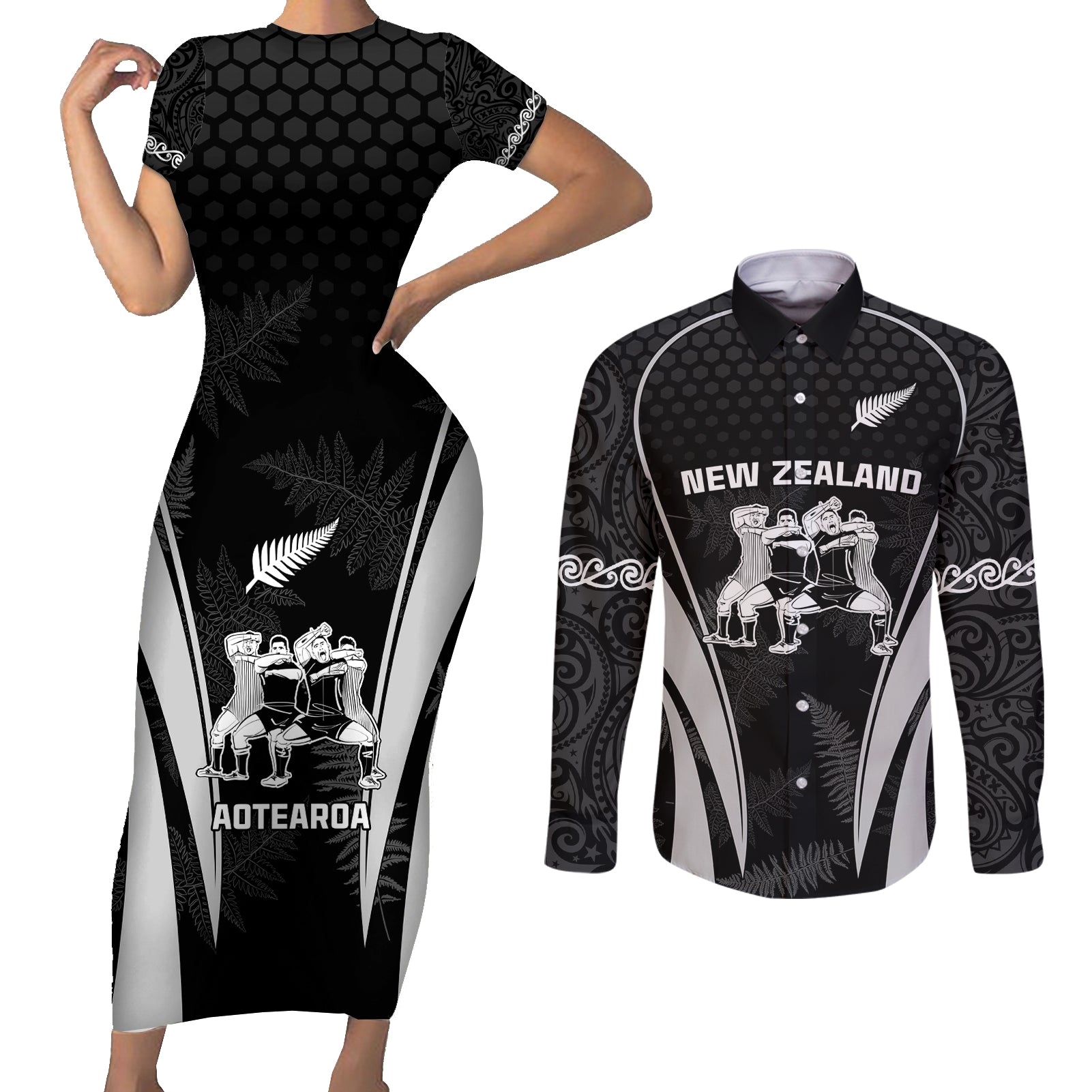 New Zealand Aotearoa Rugby Couples Matching Short Sleeve Bodycon Dress and Long Sleeve Button Shirt Haka Dance Mixed Silver Fern Sporty Style LT9 - Wonder Print Shop