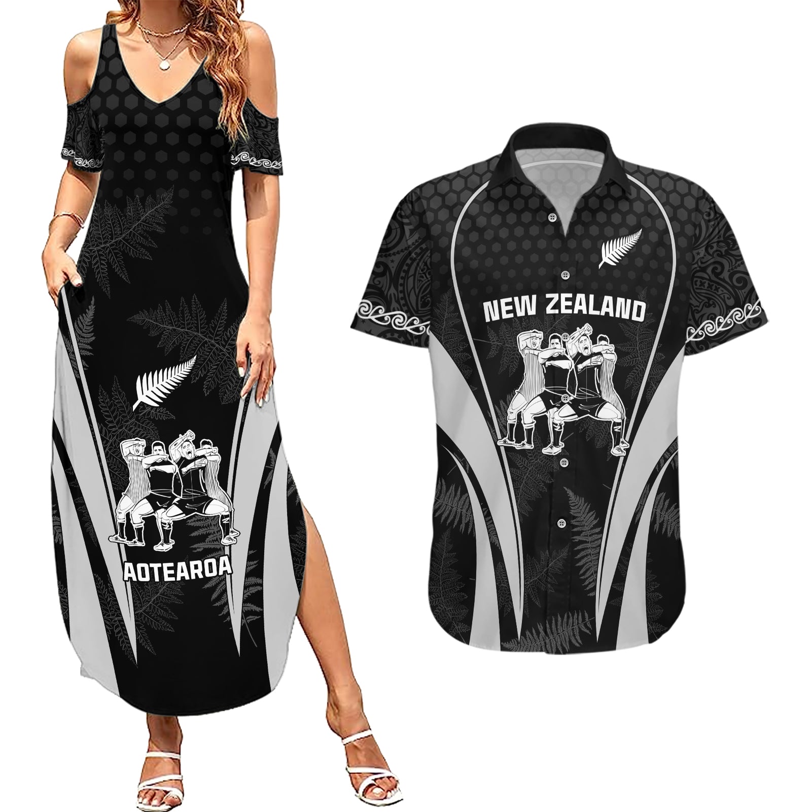 New Zealand Aotearoa Rugby Couples Matching Summer Maxi Dress and Hawaiian Shirt Haka Dance Mixed Silver Fern Sporty Style LT9 - Wonder Print Shop