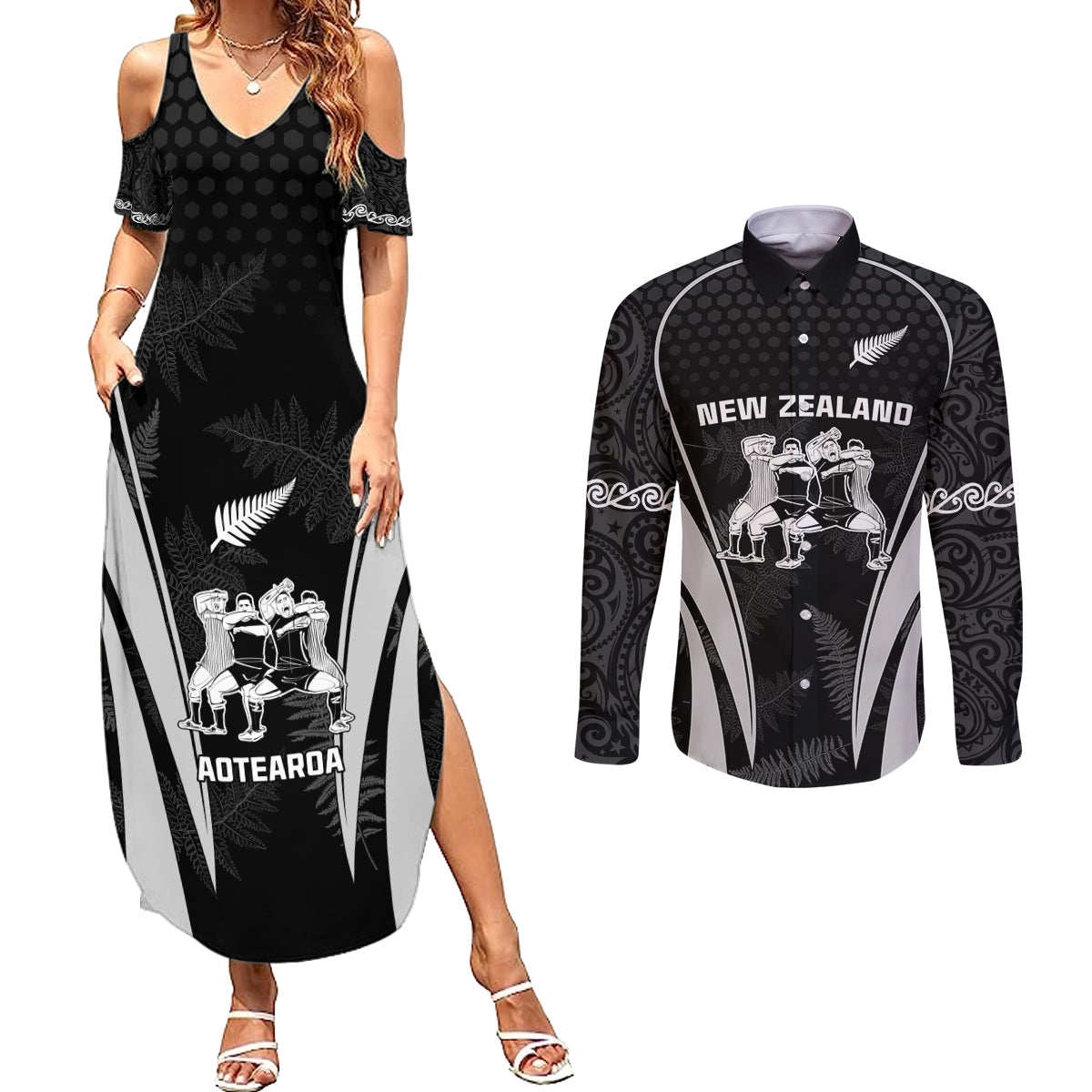 New Zealand Aotearoa Rugby Couples Matching Summer Maxi Dress and Long Sleeve Button Shirt Haka Dance Mixed Silver Fern Sporty Style LT9 - Wonder Print Shop