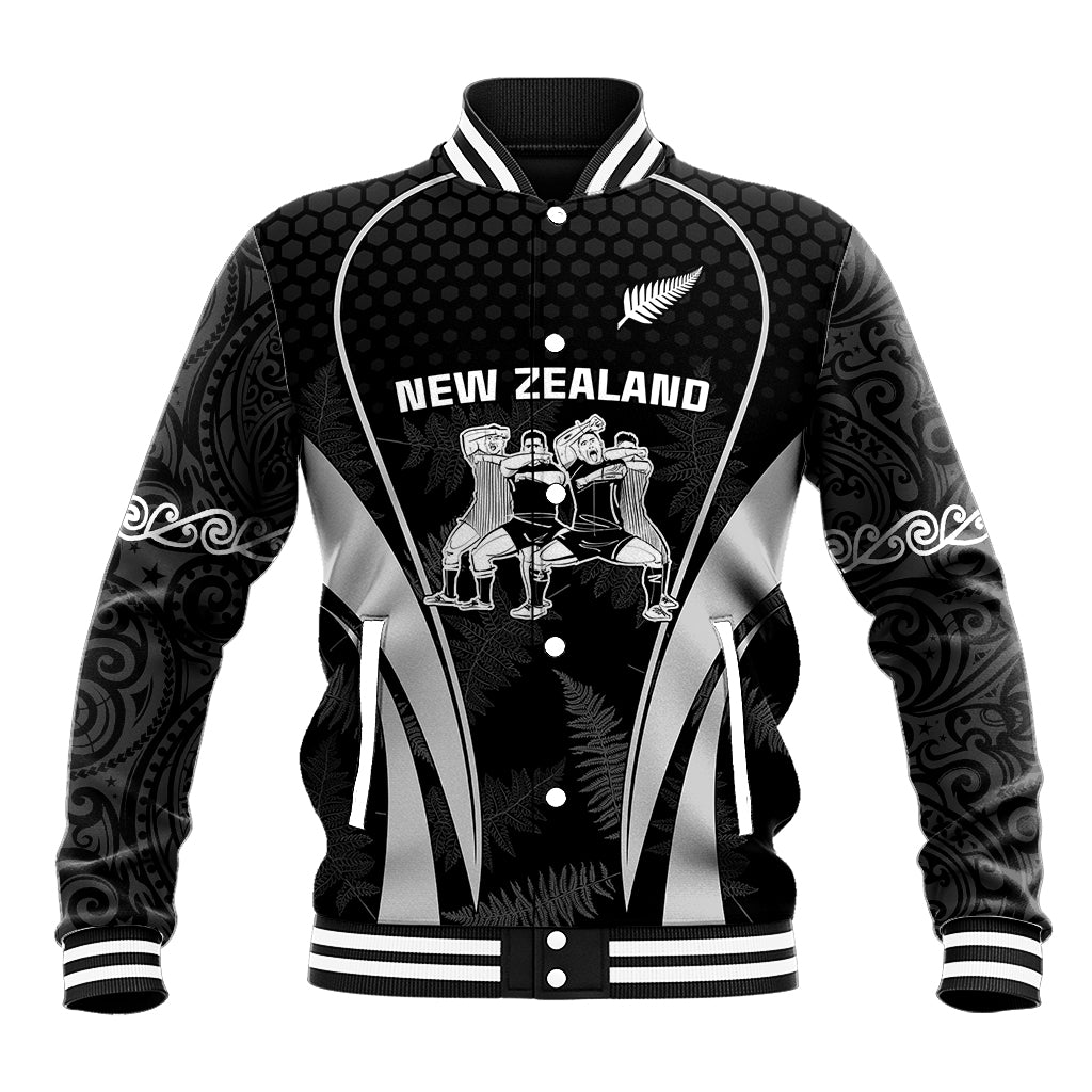 Black baseball jacket with white striped collar, button front, and haka graphic
