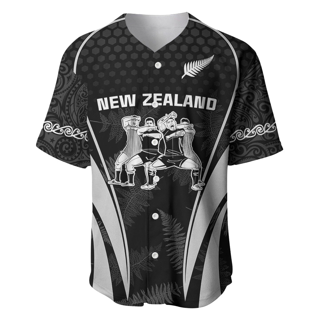 Black baseball rugby jersey, button-front, 'NEW ZEALAND' haka graphic and fern