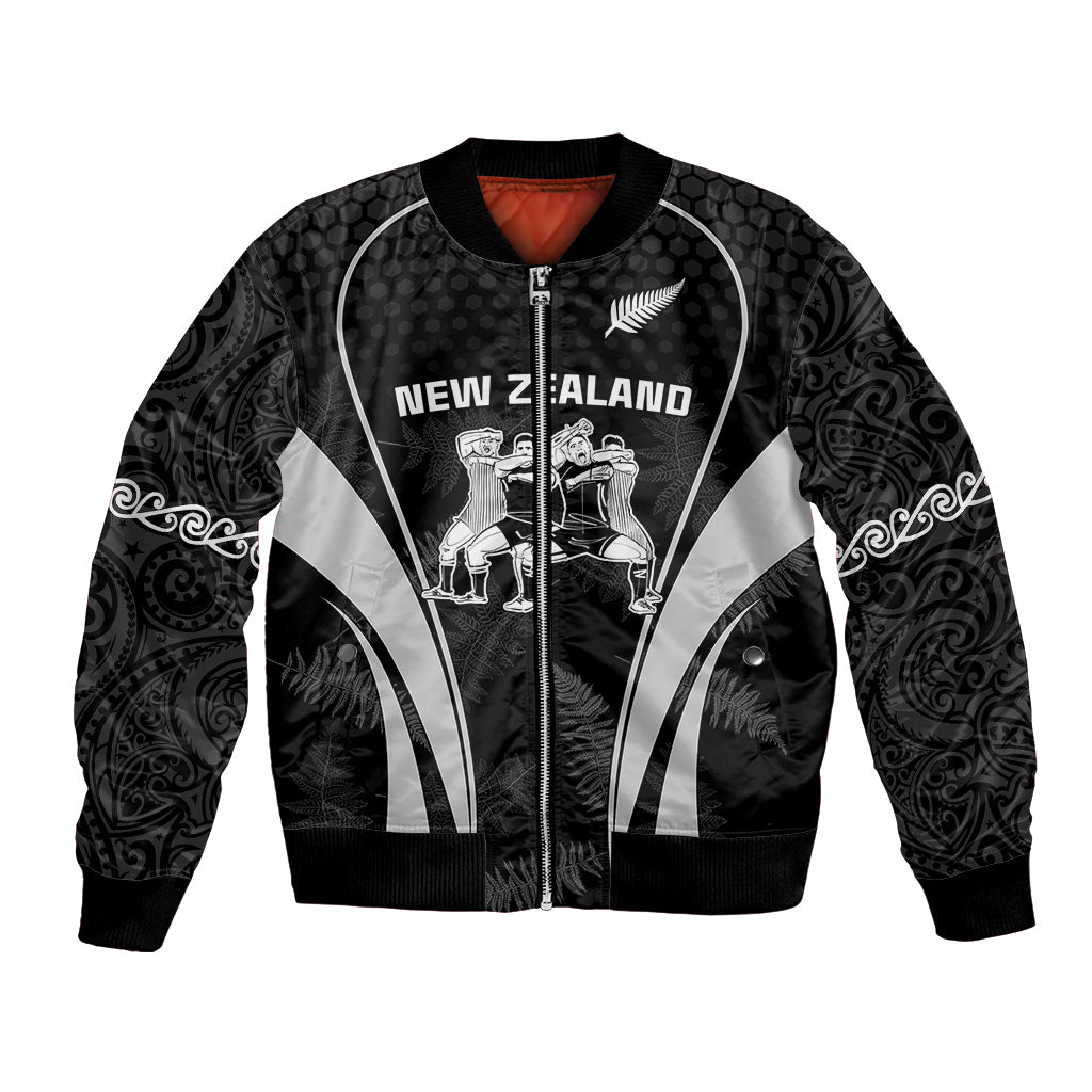 Black bomber jacket with zip front and white fan stripes, central sports graphic