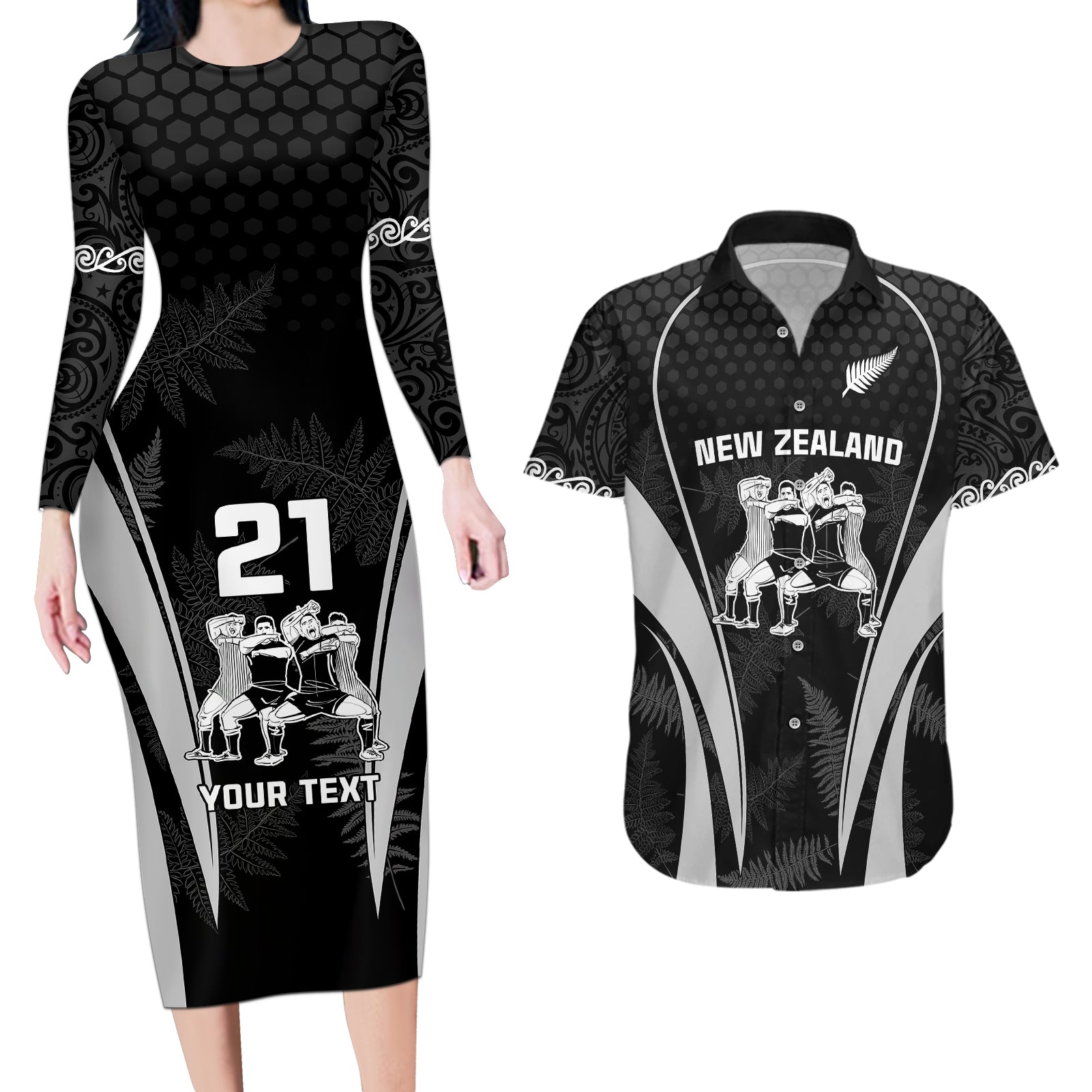 Custom New Zealand Aotearoa Rugby Couples Matching Long Sleeve Bodycon Dress and Hawaiian Shirt Haka Dance Mixed Silver Fern Sporty Style LT9 - Wonder Print Shop