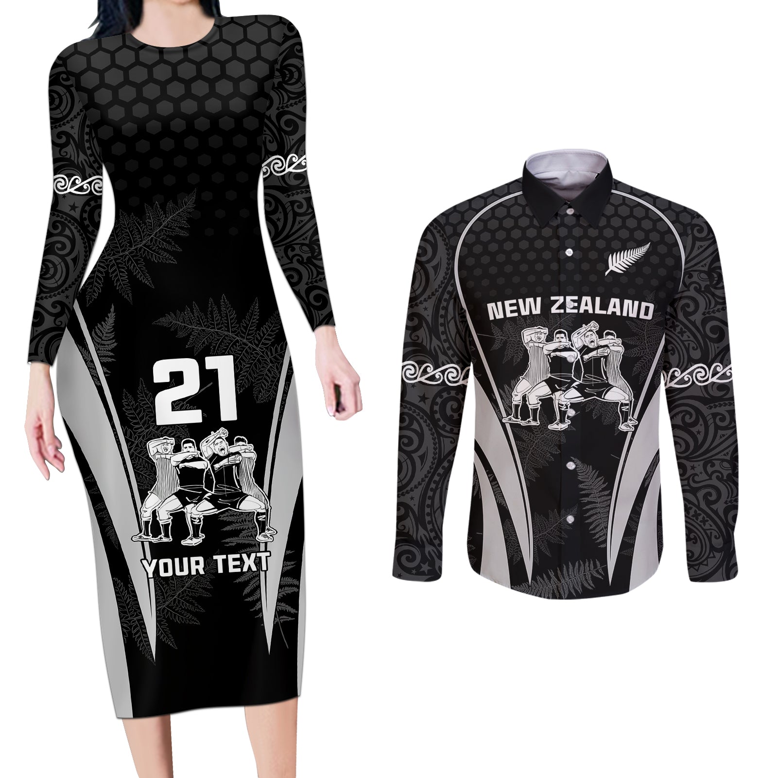 Custom New Zealand Aotearoa Rugby Couples Matching Long Sleeve Bodycon Dress and Long Sleeve Button Shirts Haka Dance Mixed Silver Fern Sporty Style LT9 - Wonder Print Shop