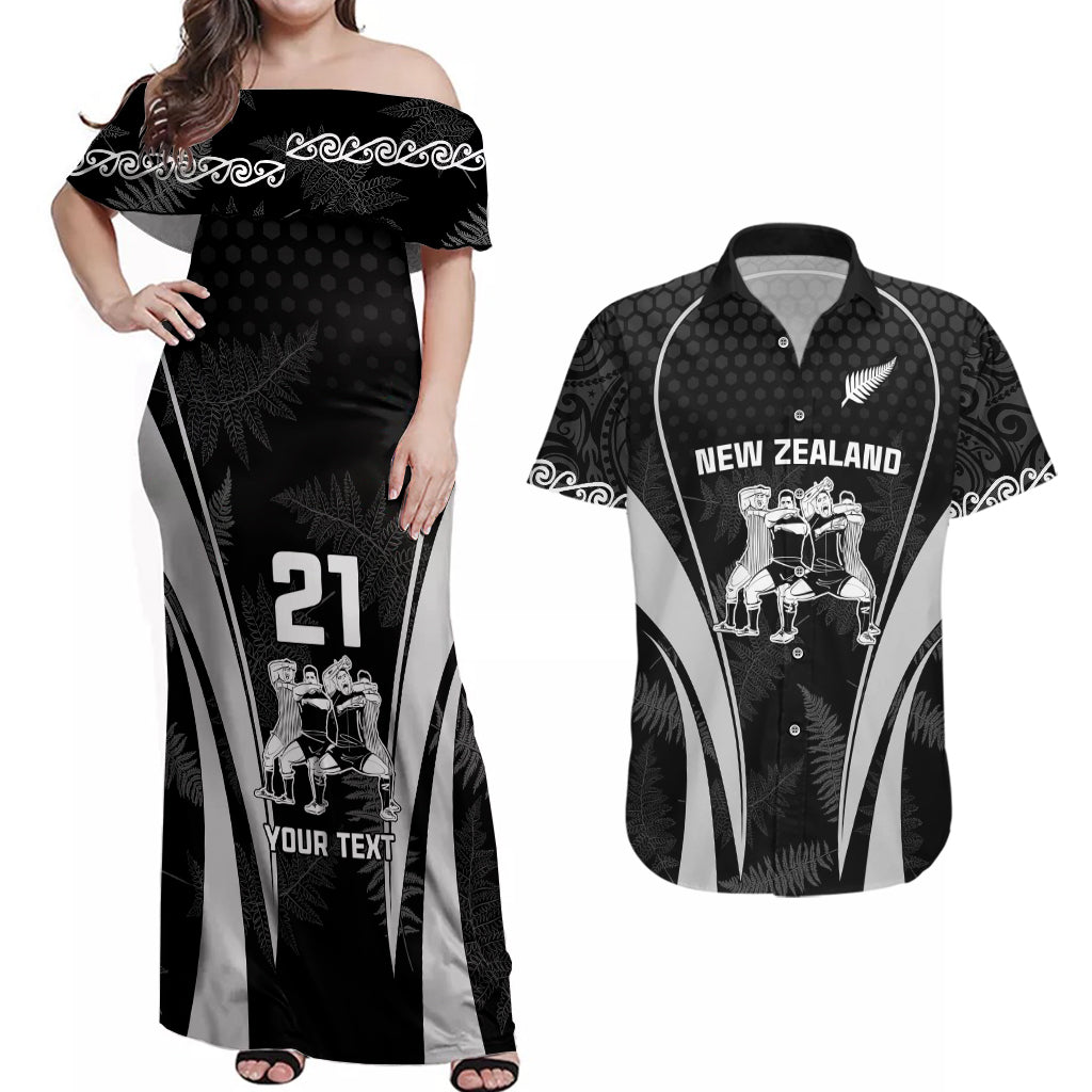 Custom New Zealand Aotearoa Rugby Couples Matching Off Shoulder Maxi Dress and Hawaiian Shirt Haka Dance Mixed Silver Fern Sporty Style LT9 - Wonder Print Shop