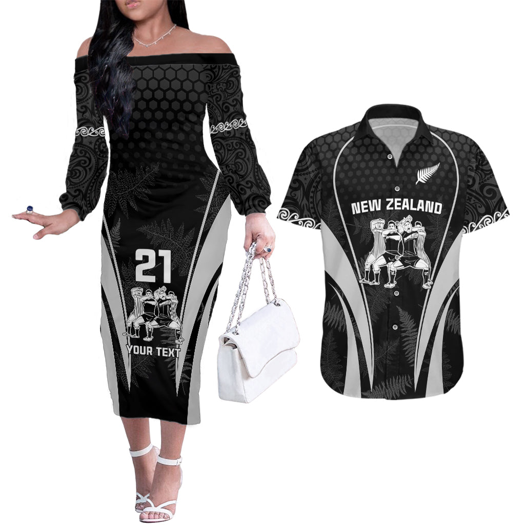 Custom New Zealand Aotearoa Rugby Couples Matching Off The Shoulder Long Sleeve Dress and Hawaiian Shirt Haka Dance Mixed Silver Fern Sporty Style LT9 - Wonder Print Shop