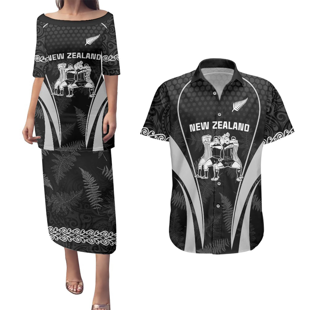 Custom New Zealand Aotearoa Rugby Couples Matching Puletasi Dress and Hawaiian Shirt Haka Dance Mixed Silver Fern Sporty Style LT9 - Wonder Print Shop