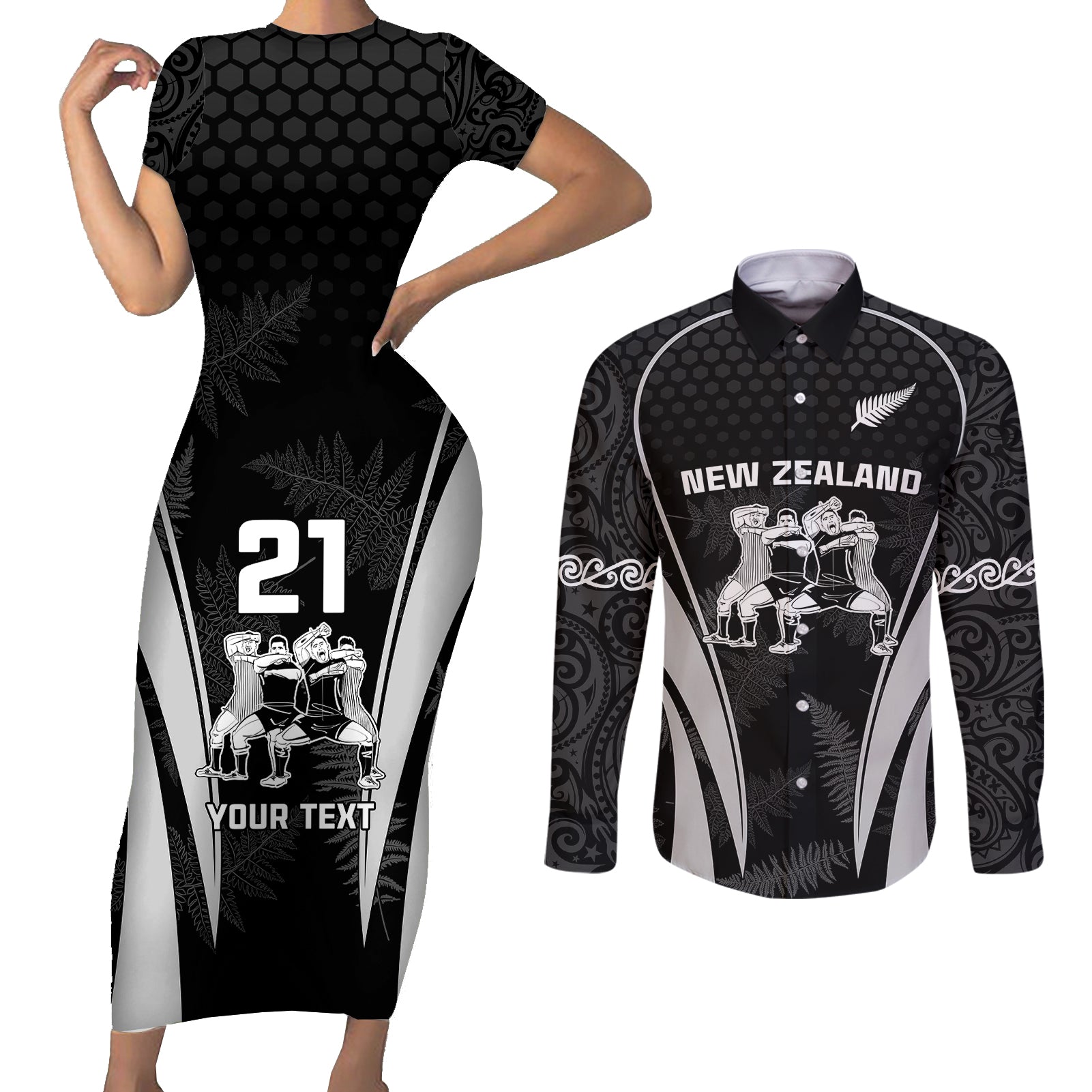 Custom New Zealand Aotearoa Rugby Couples Matching Short Sleeve Bodycon Dress and Long Sleeve Button Shirts Haka Dance Mixed Silver Fern Sporty Style LT9 - Wonder Print Shop