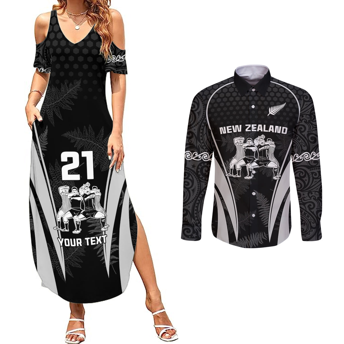 Custom New Zealand Aotearoa Rugby Couples Matching Summer Maxi Dress and Long Sleeve Button Shirts Haka Dance Mixed Silver Fern Sporty Style LT9 - Wonder Print Shop