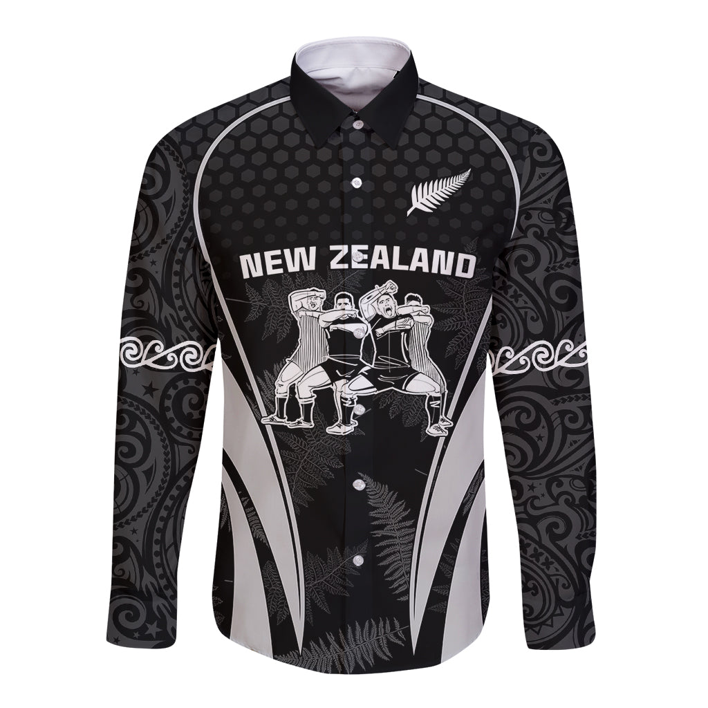 Unisex black long-sleeve rugby button shirt with New Zealand graphic and silver fern