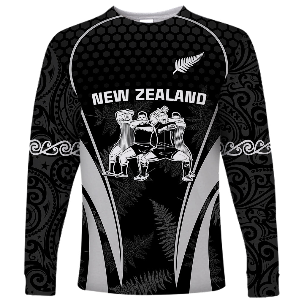 Black long-sleeve rugby shirt with New Zealand graphic and silver fern accents