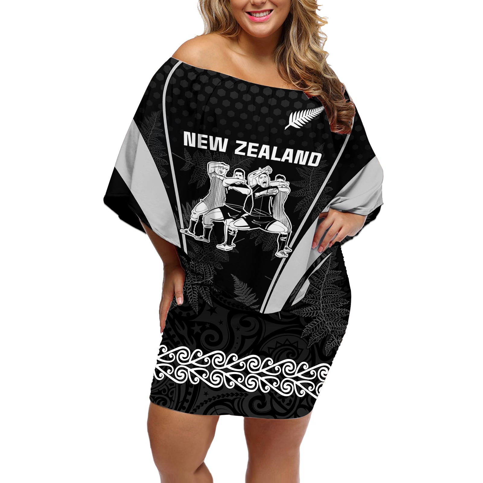 Custom New Zealand Aotearoa Rugby Off Shoulder Short Dress Haka Dance Mixed Silver Fern Sporty Style - Wonder Print Shop