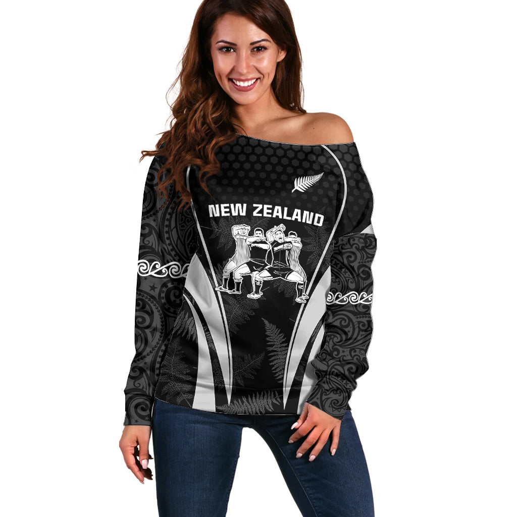 Black off-shoulder long-sleeve sweater with New Zealand graphic and silver fern stripe