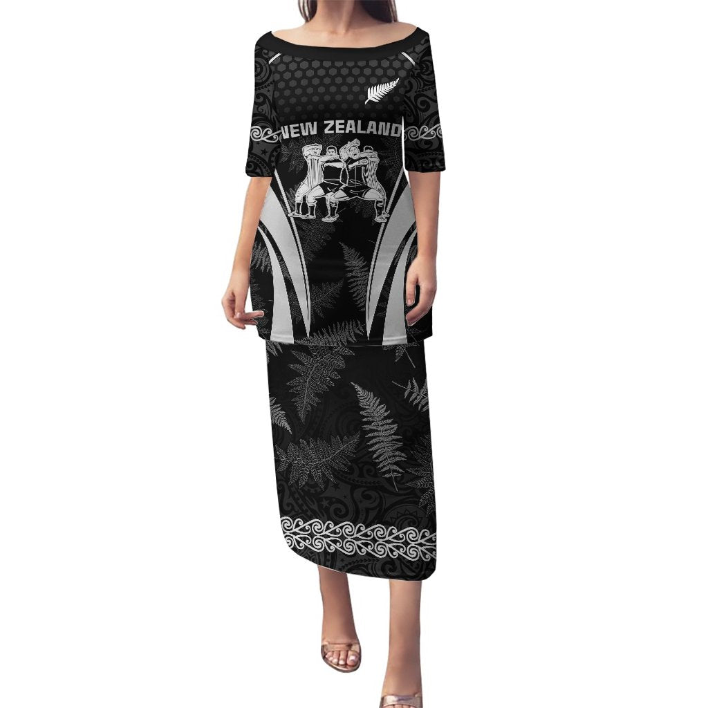 Black long dress with silver fern and tribal rugby graphic at front