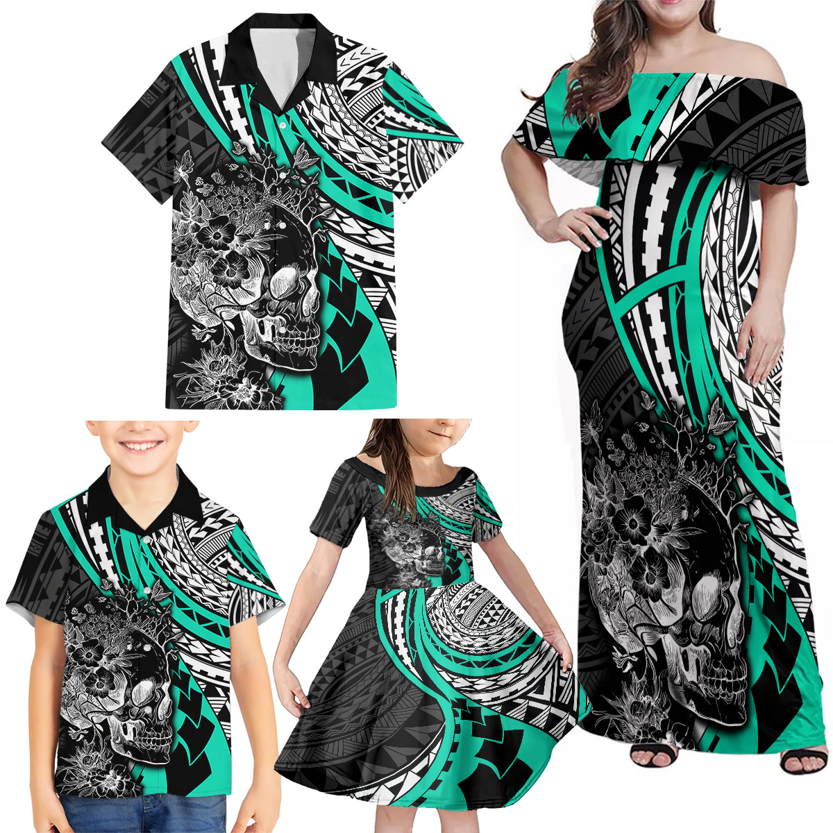 Personalised Polynesia Skull Family Matching Off Shoulder Maxi Dress and Hawaiian Shirt Tattoo In The Style Of Maori With Marine Life Aqua LT9 - Wonder Print Shop