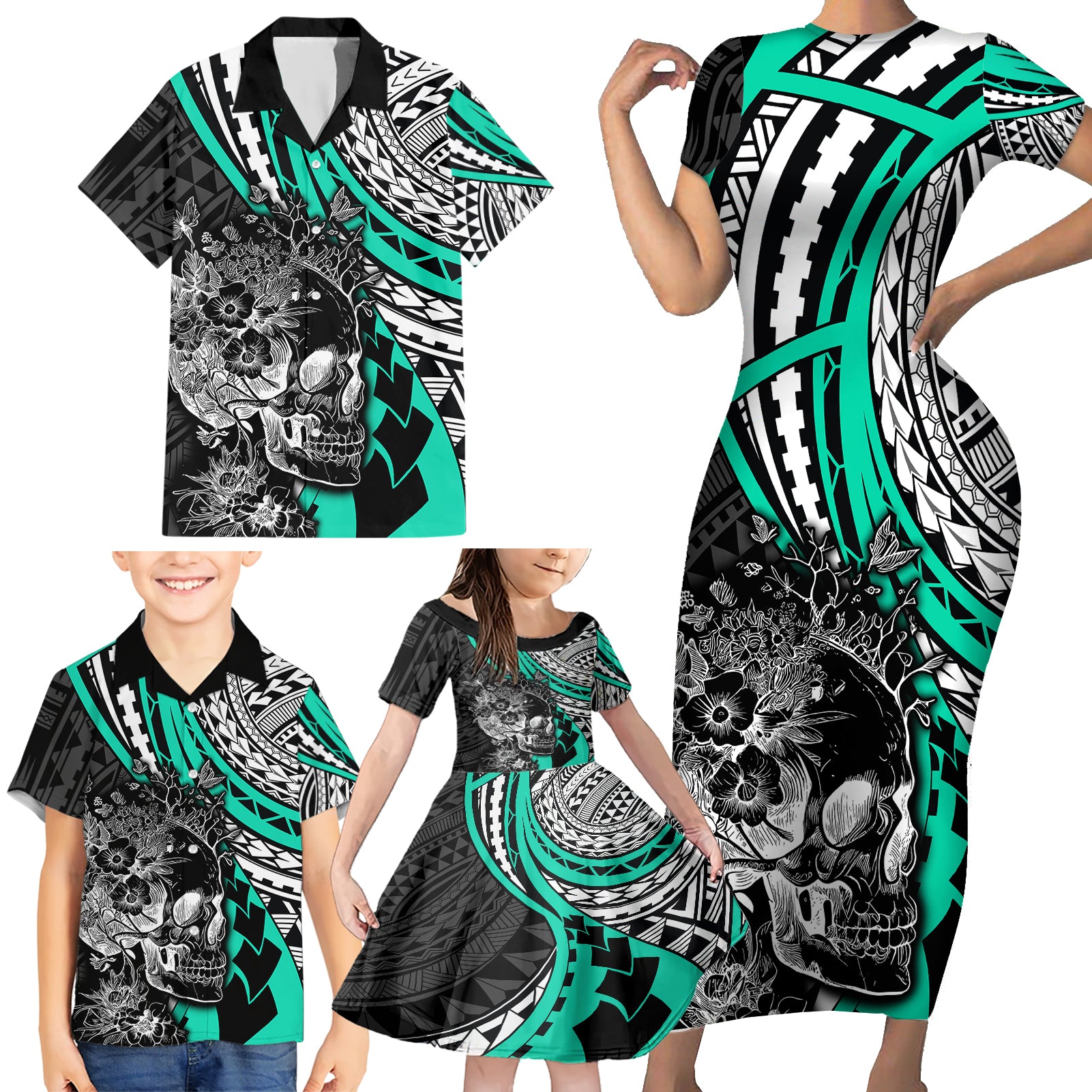 Personalised Polynesia Skull Family Matching Short Sleeve Bodycon Dress and Hawaiian Shirt Tattoo In The Style Of Maori With Marine Life Aqua - Wonder Print Shop