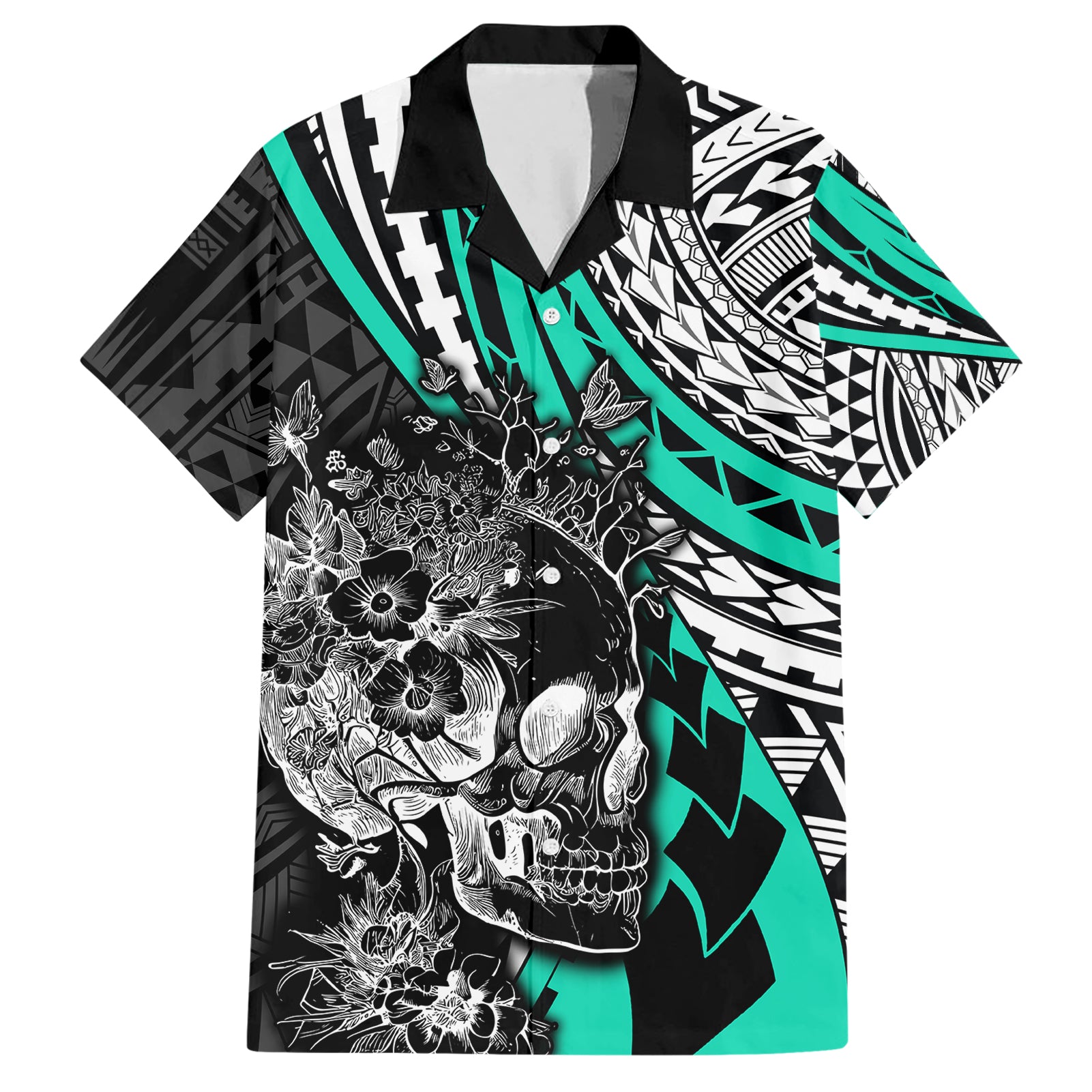 Personalised Polynesia Skull Hawaiian Shirt Tattoo In The Style Of Maori With Marine Life Aqua - Wonder Print Shop