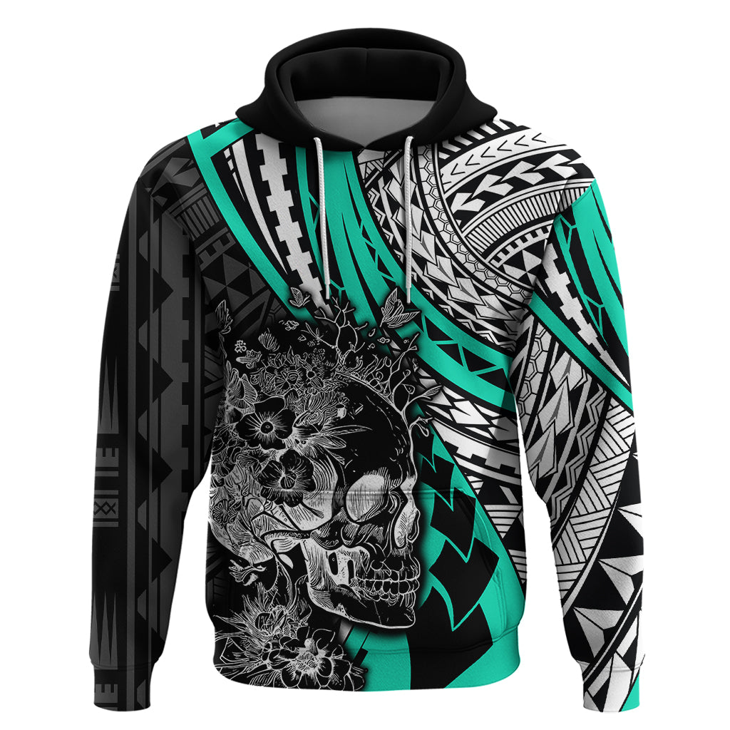 Personalised Polynesia Skull Hoodie Tattoo In The Style Of Maori With Marine Life Aqua - Wonder Print Shop